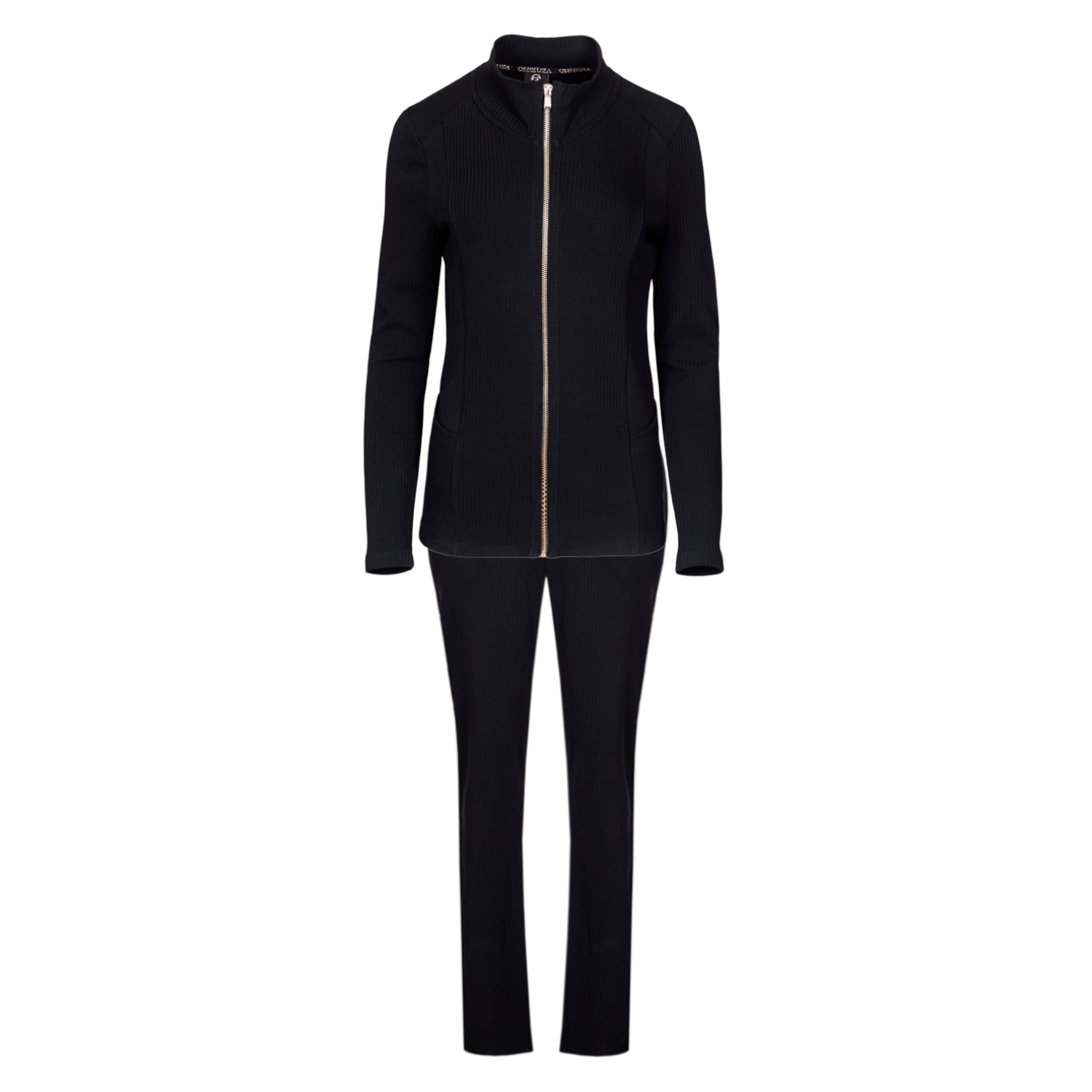 Oh!zuza Night&day Black Ribbed Zip Blouse & Lounge Pants Set In Black