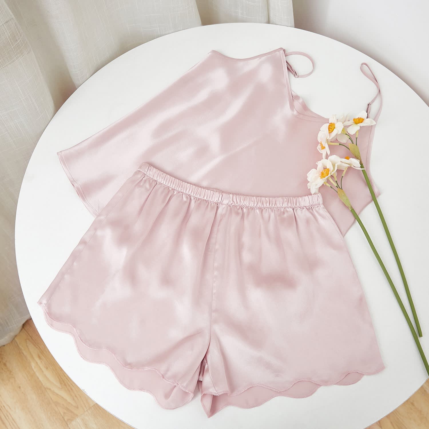 Pure Mulberry Silk Dusty Rose Camisole And Scalloped Shorts Set, Soft  Strokes Silk