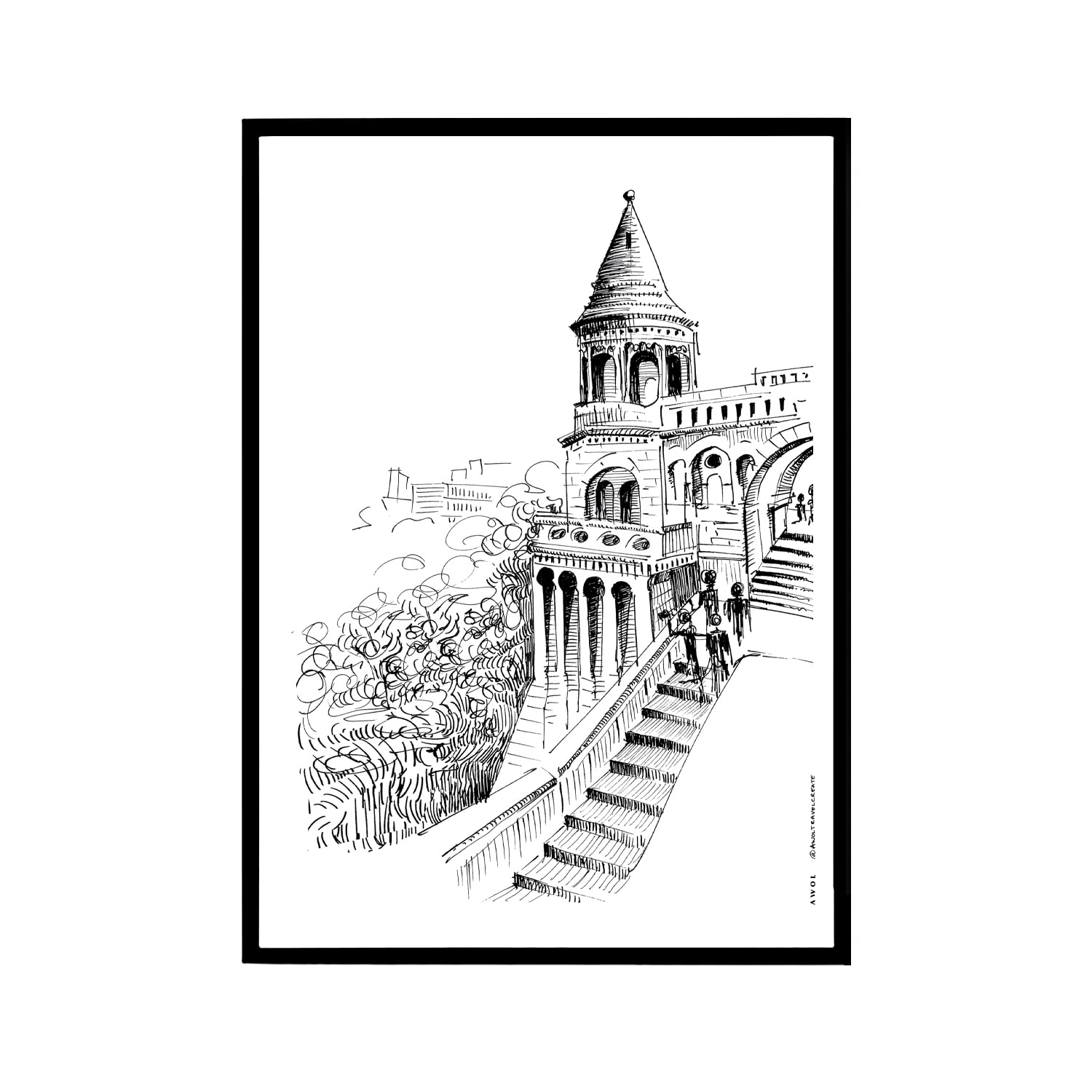 Black / White Budapest Castle Hand-Drawn Art Print - Capturing Hungary’s Majestic Beauty Awol