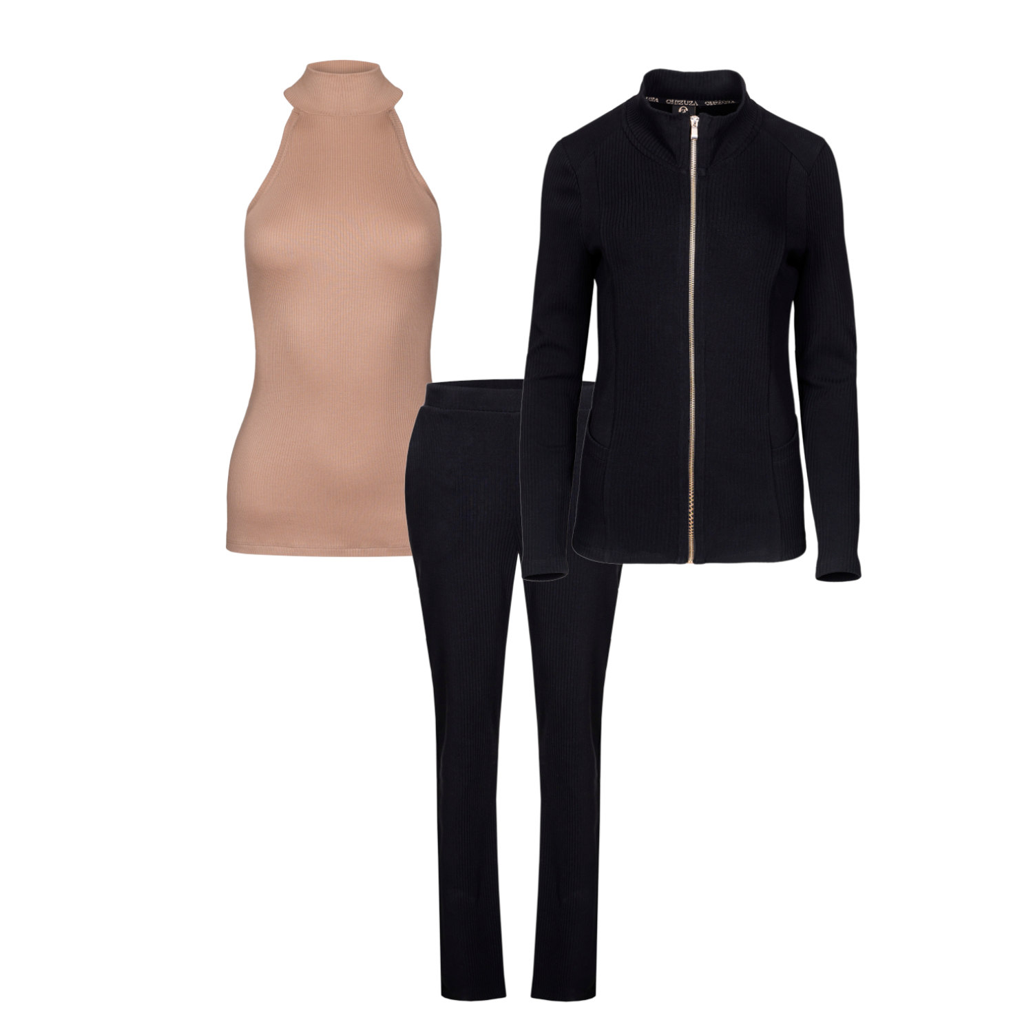 Oh!zuza Night&day Black / Neutrals 3-piece Lounge Set: Zip Bouse, Pants, & Top In Black