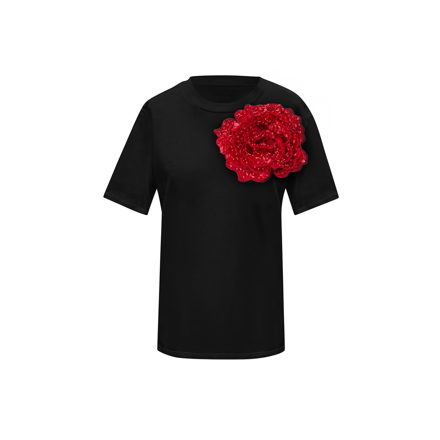 Toma Women's Black / Red Flower Summer Black Cotton T-shirt With Red Sequin Rose