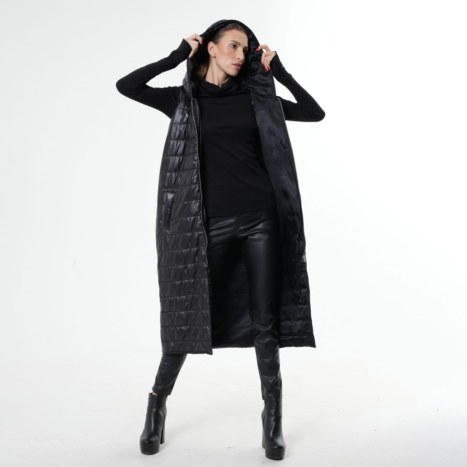 Black Long Puffer Vest With Hood, Metamorphoza