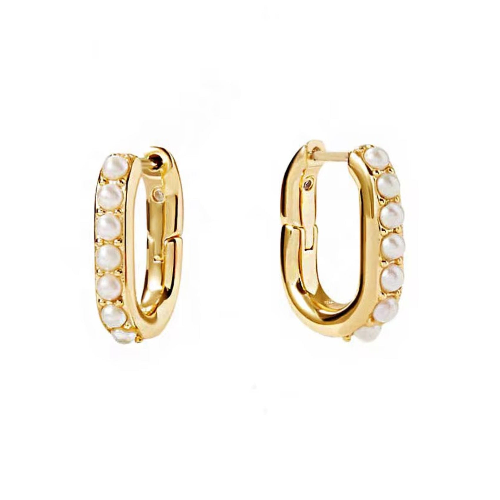 Nazzar Men's Gold / White Pearl Beaded U Hoop Earrings
