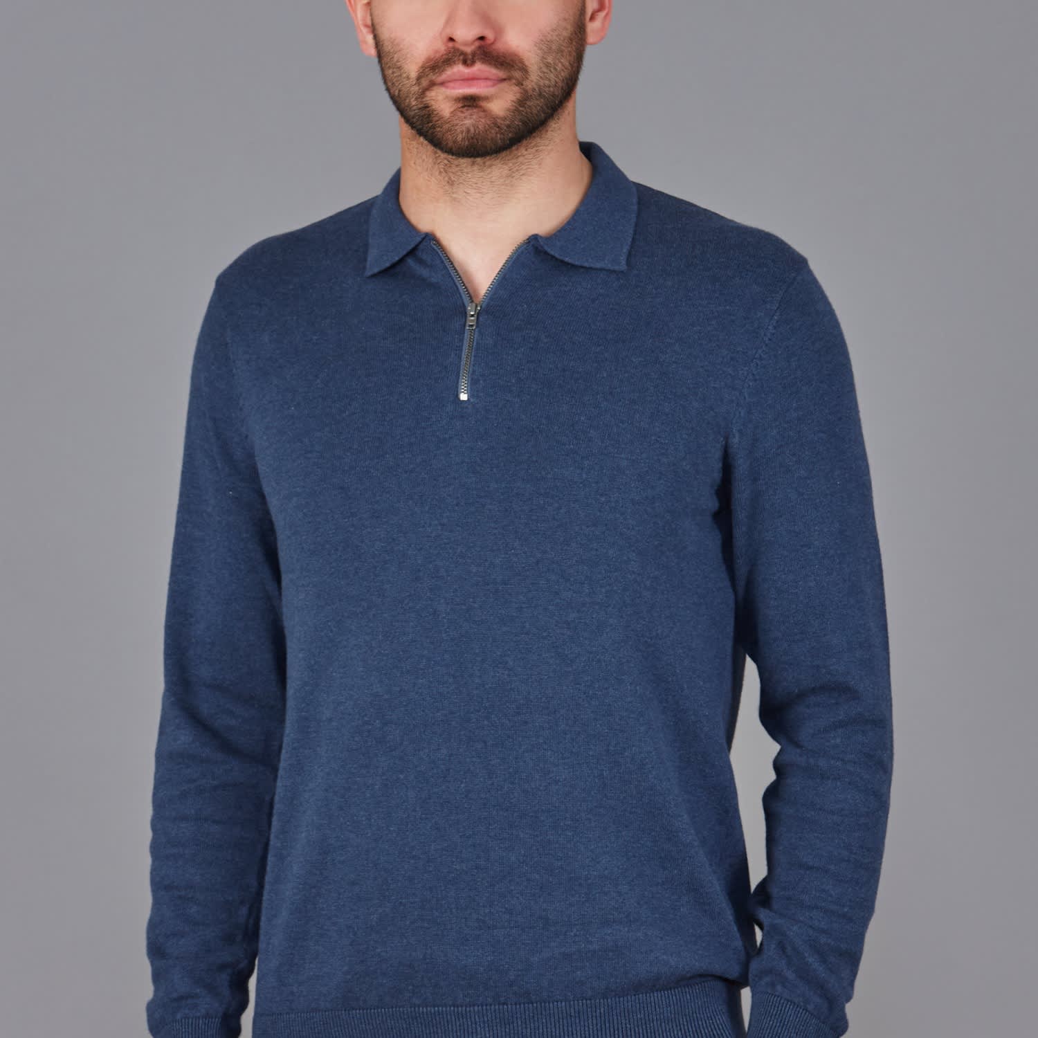 Mens Lightweight Finley Cotton Zip Neck Polo Shirt - Blue Melange