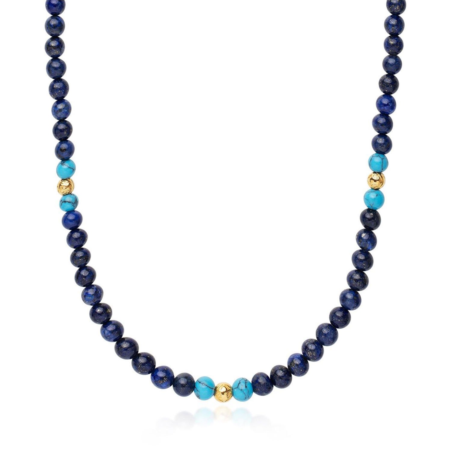 Nialaya Men's Gold / Blue Beaded Necklace With Blue Lapis, Turquoise, & Gold