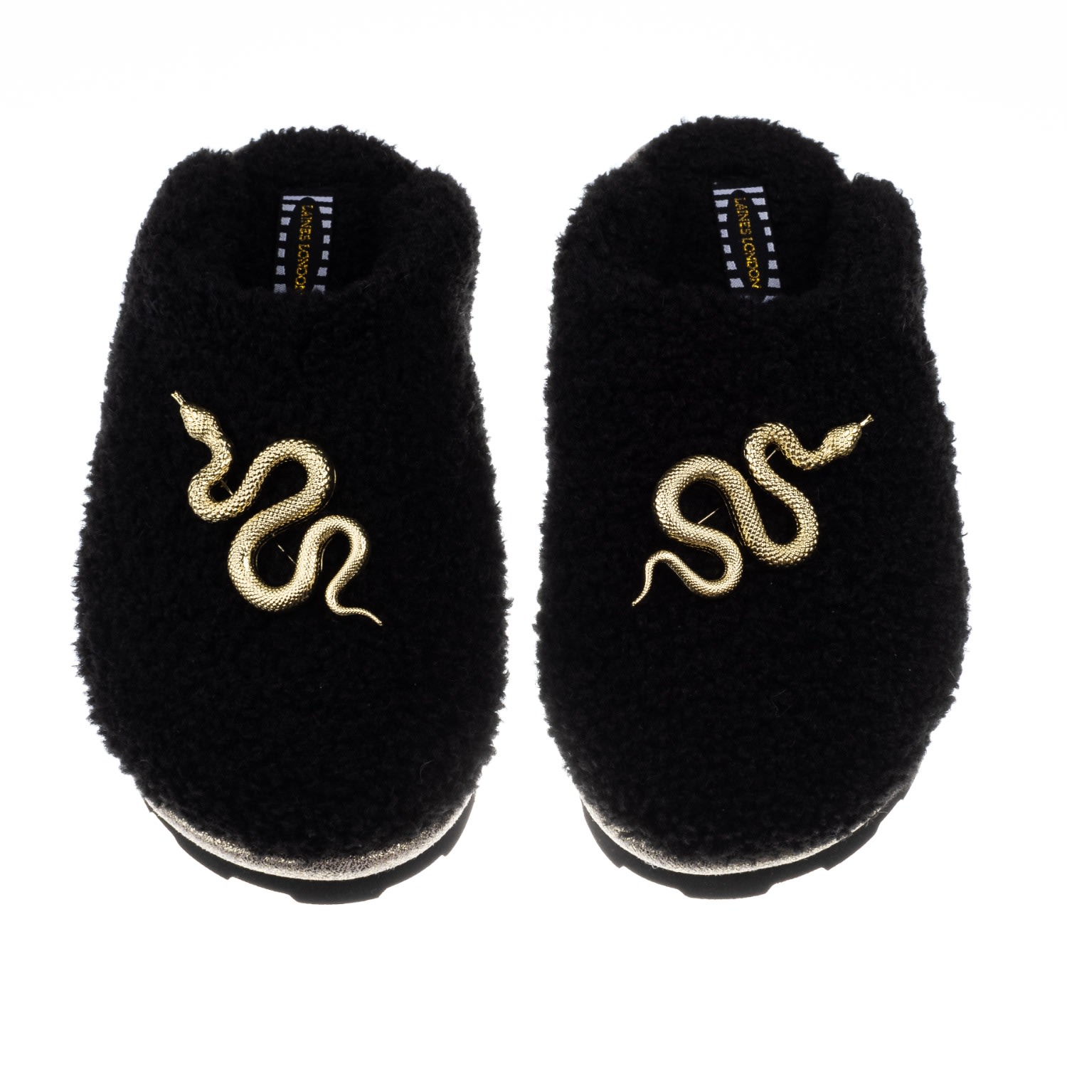 Women’s Teddy Closed Toe Slippers With Gold Metal Snake Brooches - Black Small Laines London