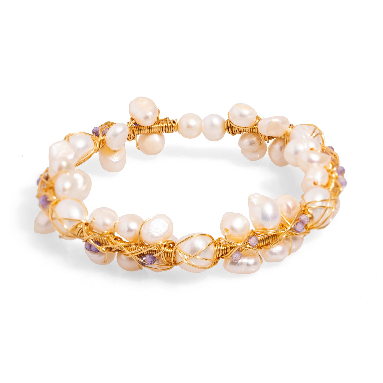 Ebru Jewelry Women's Gold / White Pearl Beads & Gold Elegant Wedding Cuff Bracelet - White