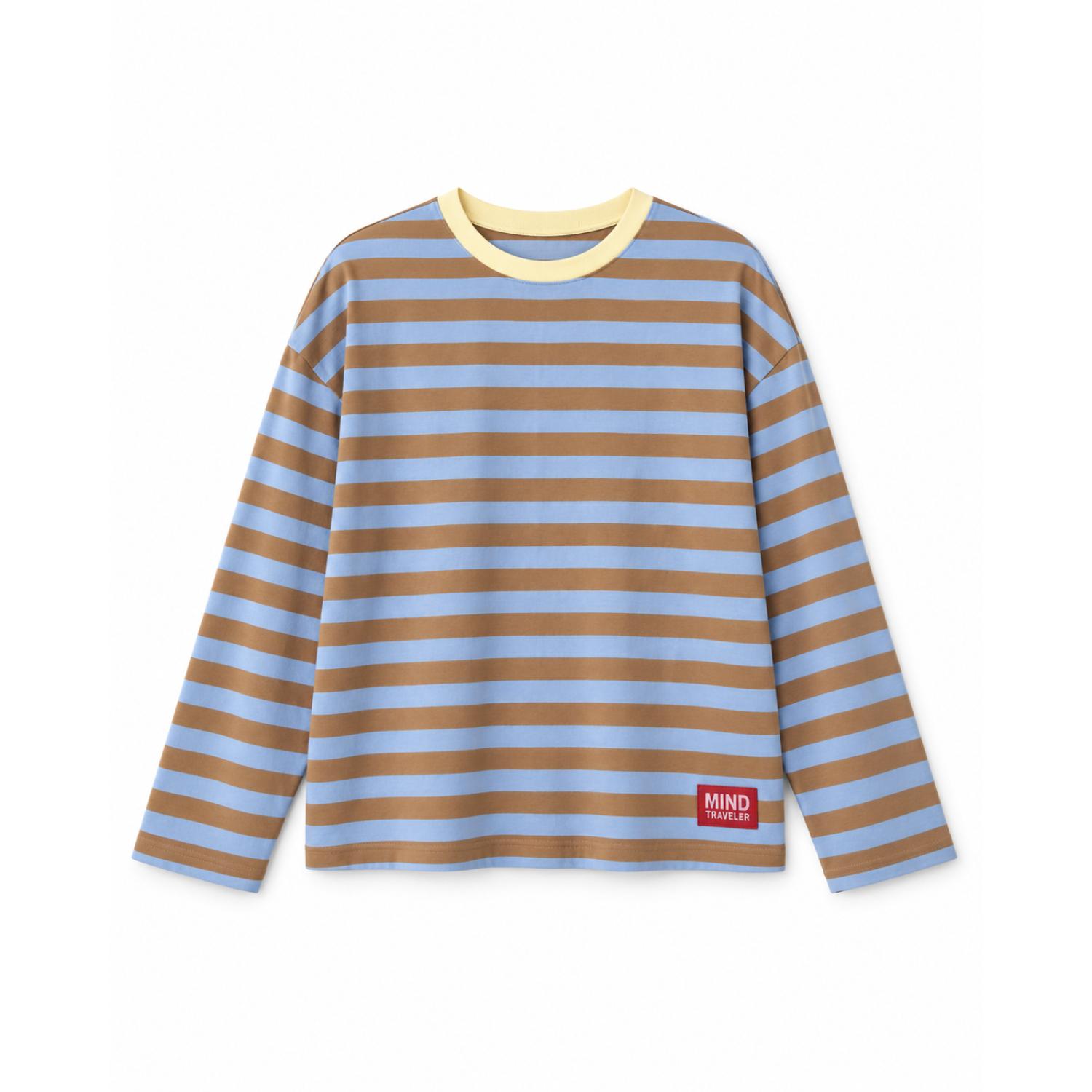 Mind Traveler Women's Blue & Brown Striped Núria Long Sleeve Top With Yellow Contrast Neck