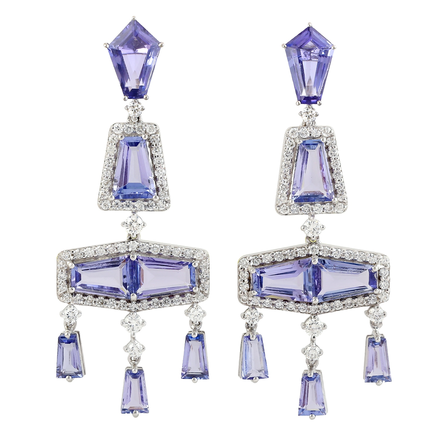 Women’s White / Blue Affinity Baguette Tanzanite & Natural Pave Diamond In 18K White Gold Dangle Earrings Artisan