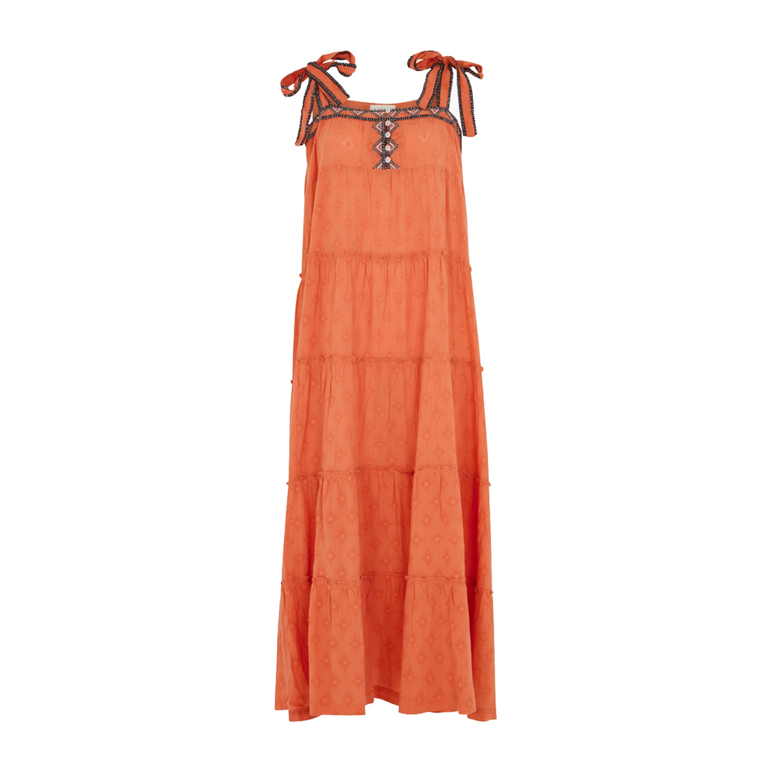 Raffya Women's Brown Isla Tired Coral/henna Cotton Maxi Dress With Black & White Embroidery & Button Detail