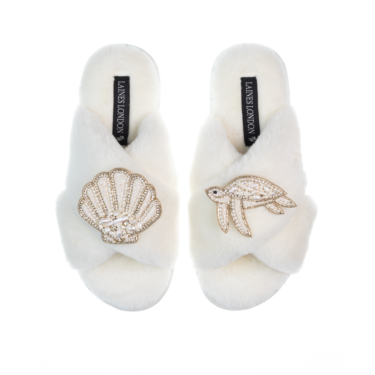 Laines London Women's White Classic Laines Slippers With Pearl Beaded Turtle & Shell Brooches - Cream In White