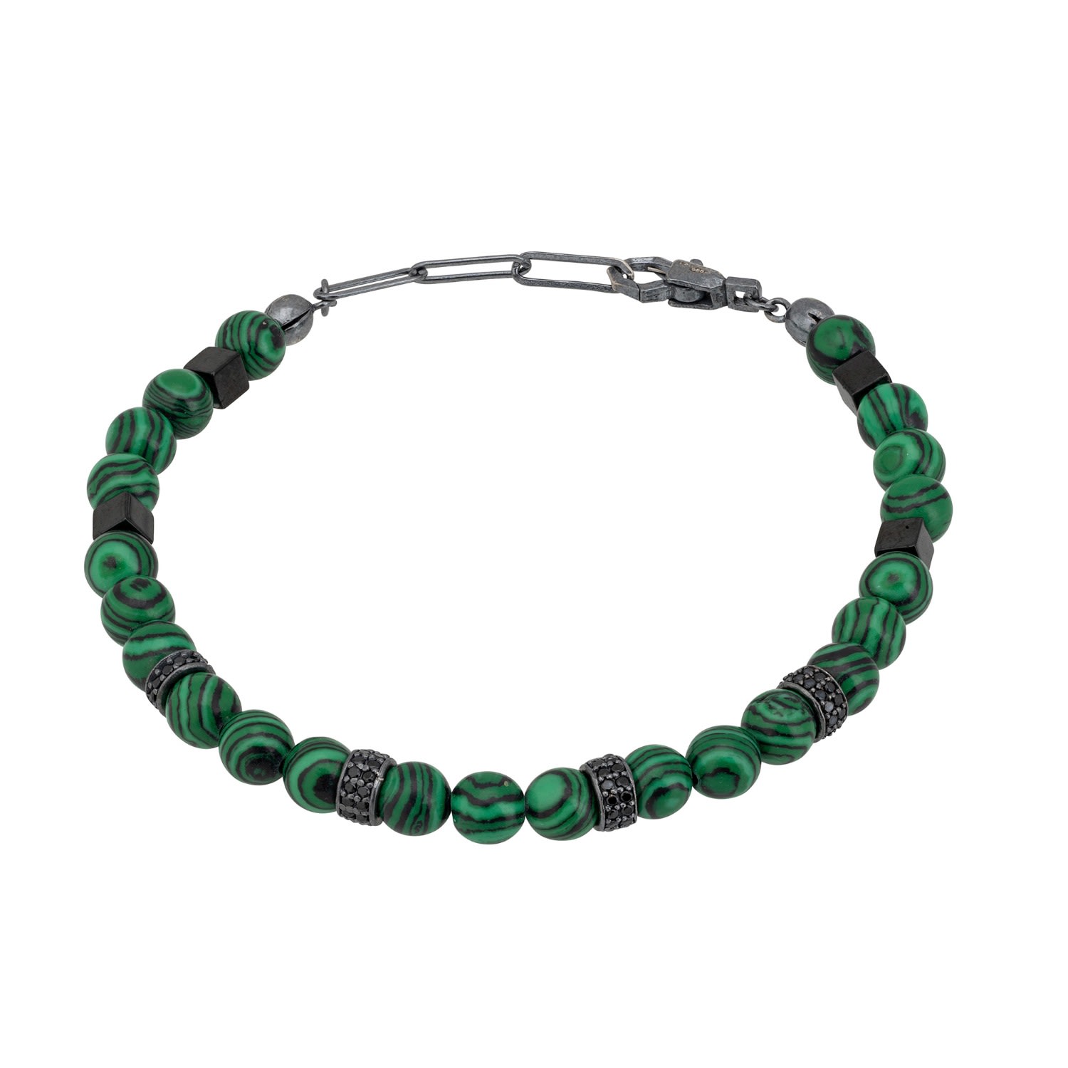 Silver / Green / Black Beaded Bracelet Men’s Malachite Silver Oxidised Latelita