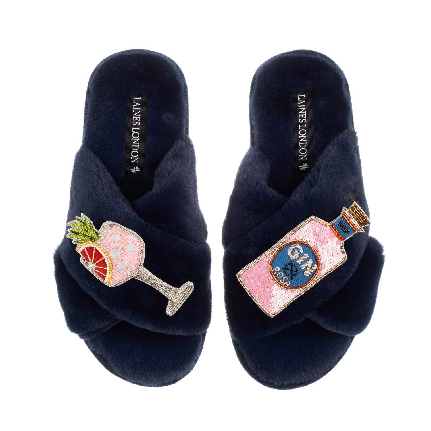 Women's Blue Classic Laines Slippers With Pink Rosa & Grapefruit Gin Brooches