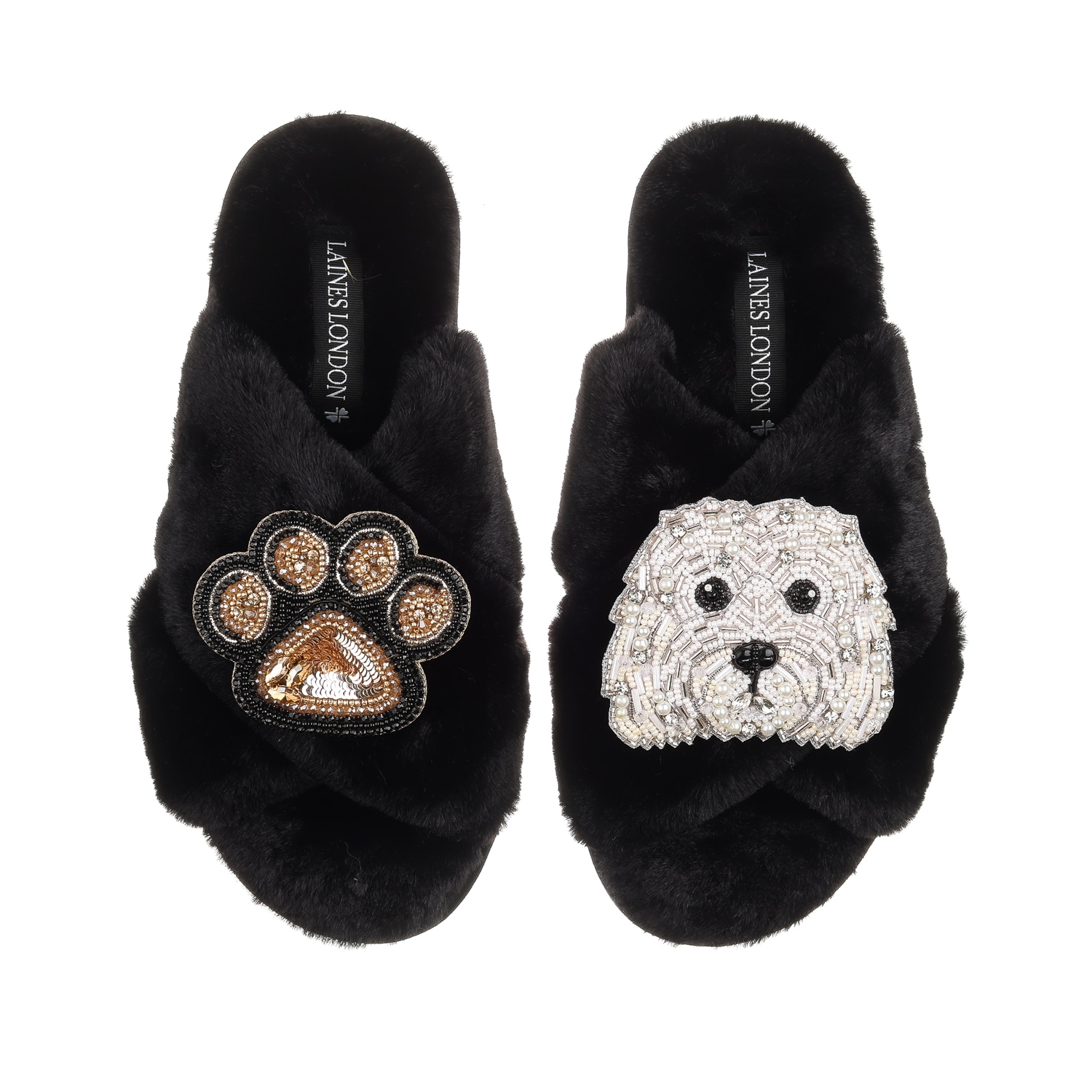 Women’s Classic Laines Slippers With Queenie & Paw Brooches - Black Medium Laines London