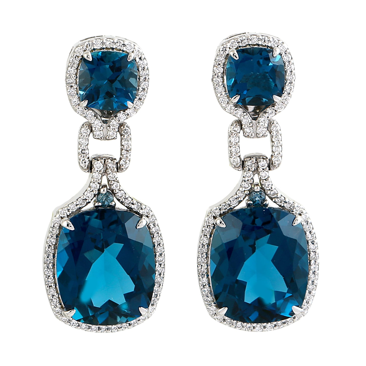 Artisan Women's White / Blue Cushion Cut London Topaz & Diamond Designer Dangle Earrings In White Gold