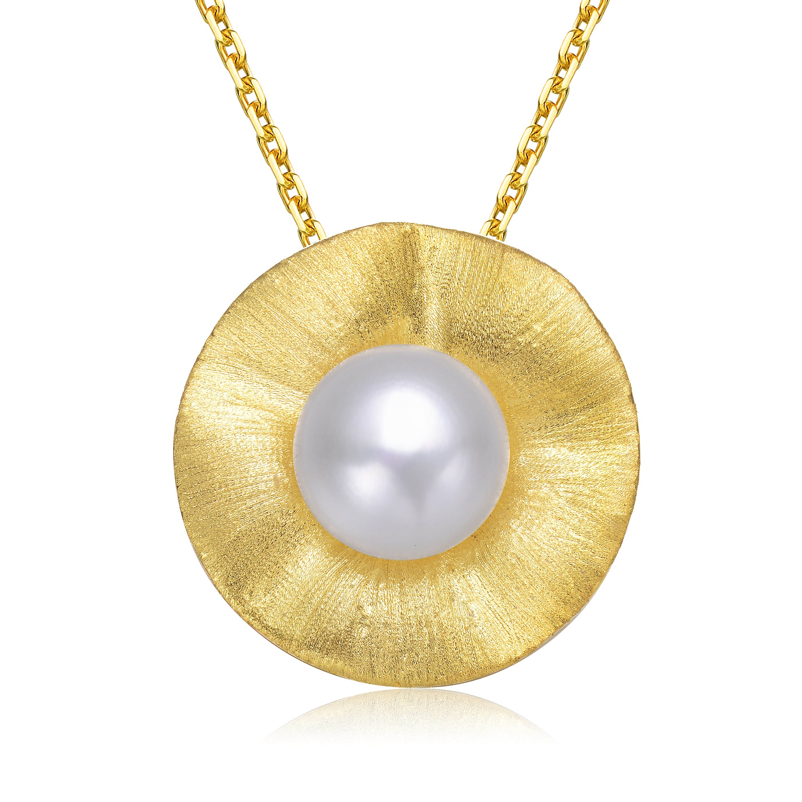Genevive Jewelry Women's Sterling Silver Gold Plated Genuine Freshwater Pearl Curvy Pendant Necklace In Gold