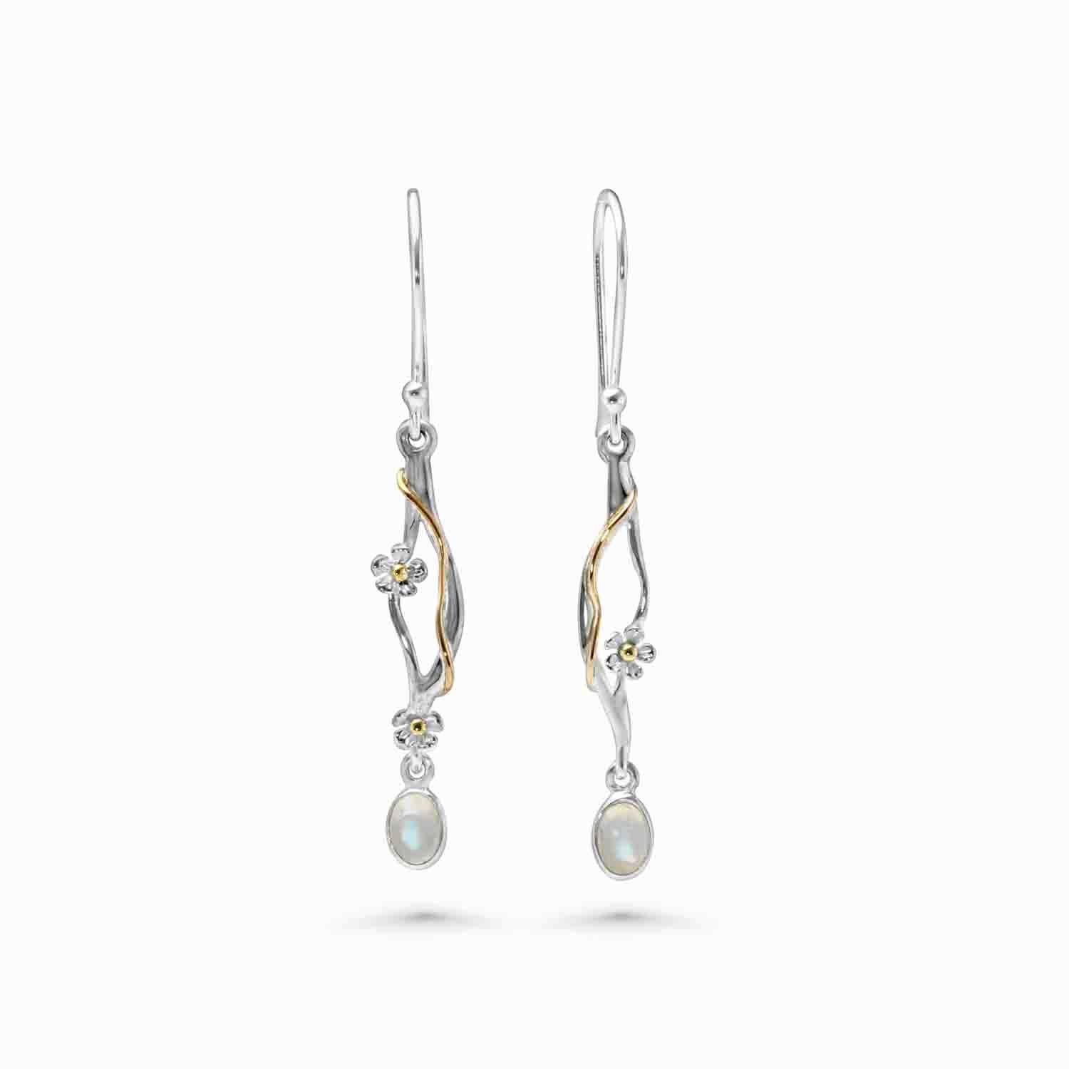 Isla Silver Women's Silver Dainty Flower & Rainbow Moonstone Drop Earrings