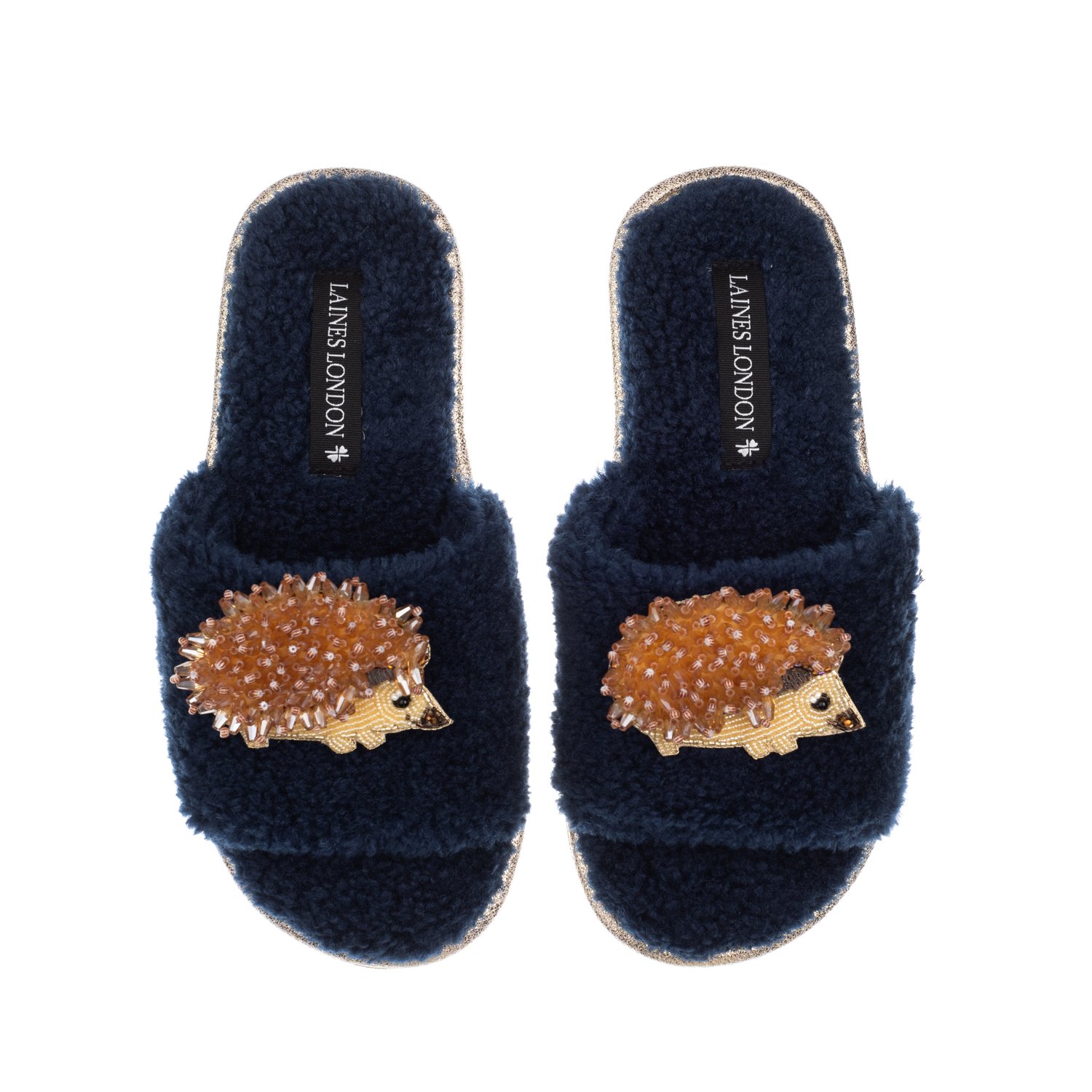 Laines London Women's Black Teddy Toweling Slipper Sliders With Double Hedgehog Brooches - Navy In Black