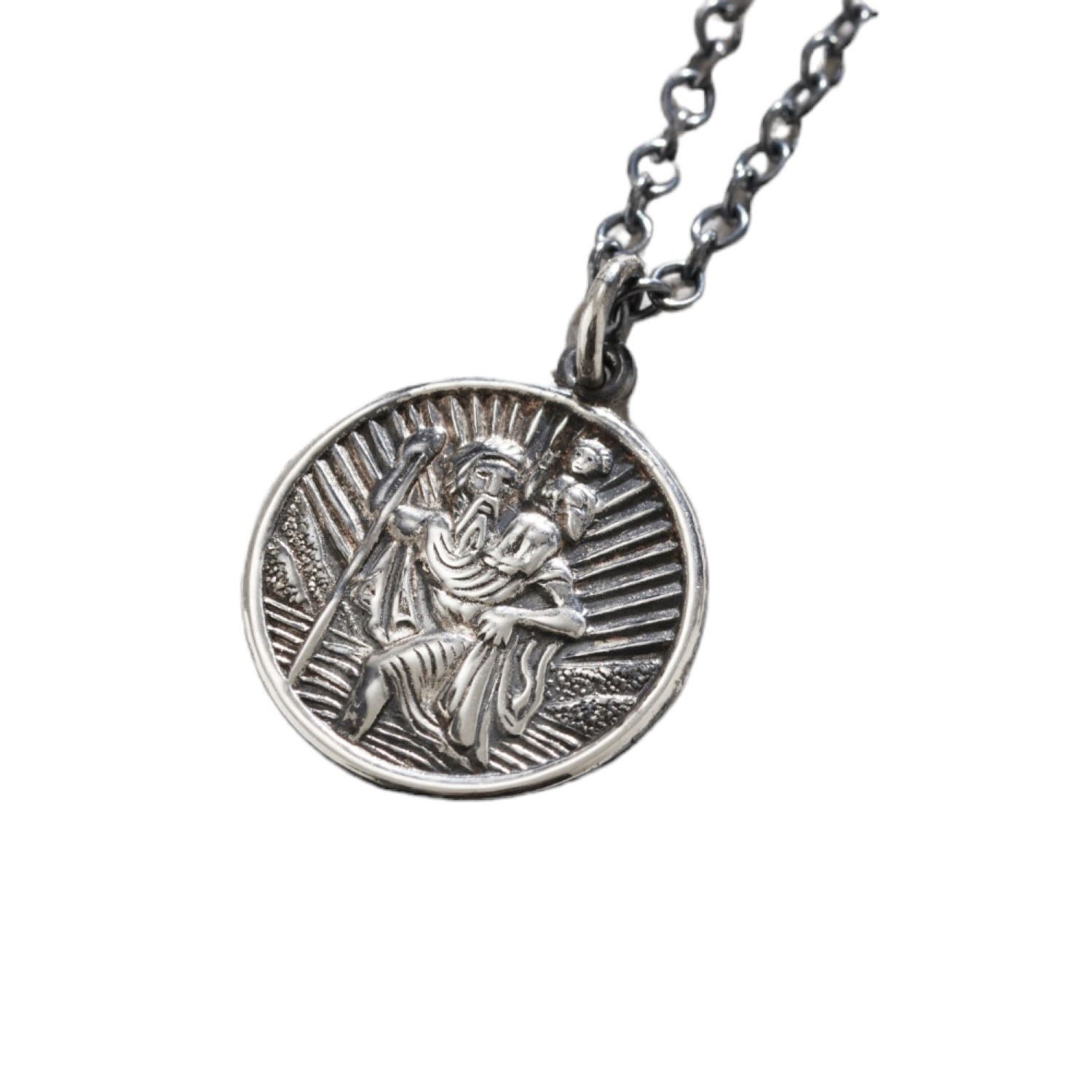 Posh Totty Designs Men's Oxidised Sterling Silver St Christopher Necklace In Silver