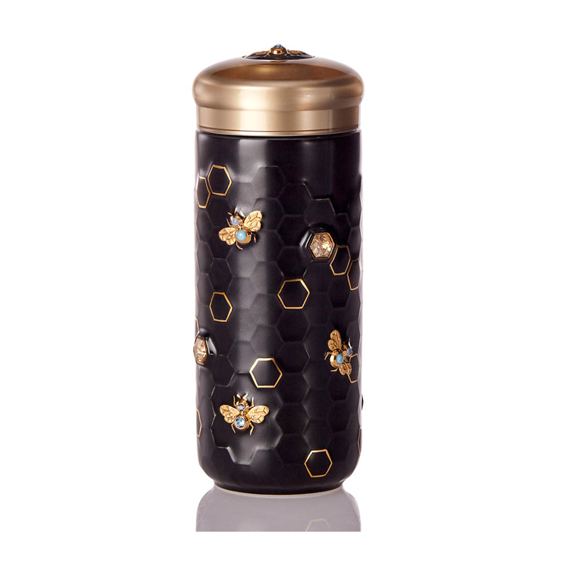 Gold / Black Honeybee Travel Mug With Crystals - Black & Hand Painted Gold Bees Acera