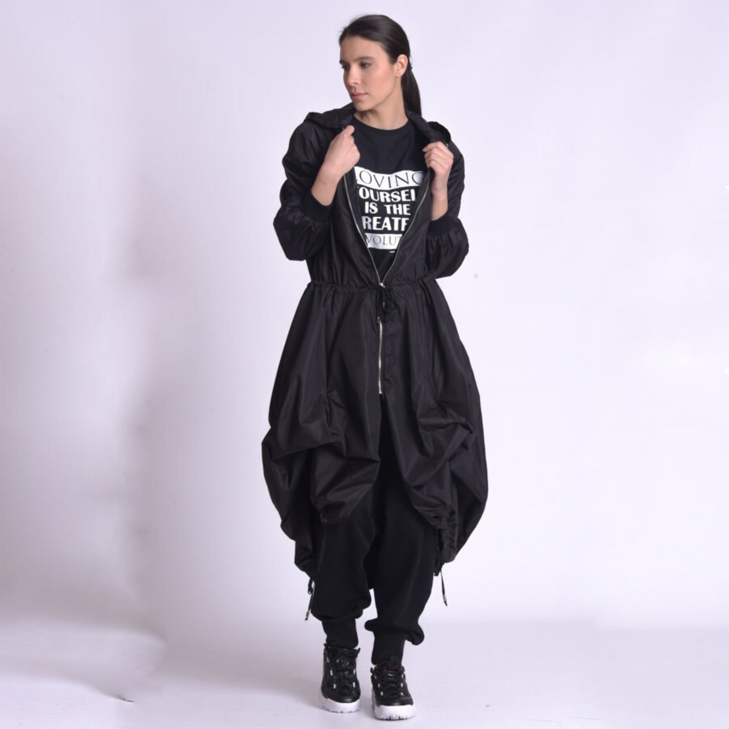 Metamorphoza Women's Asymmetric Hooded Raincoat In Black In Multi