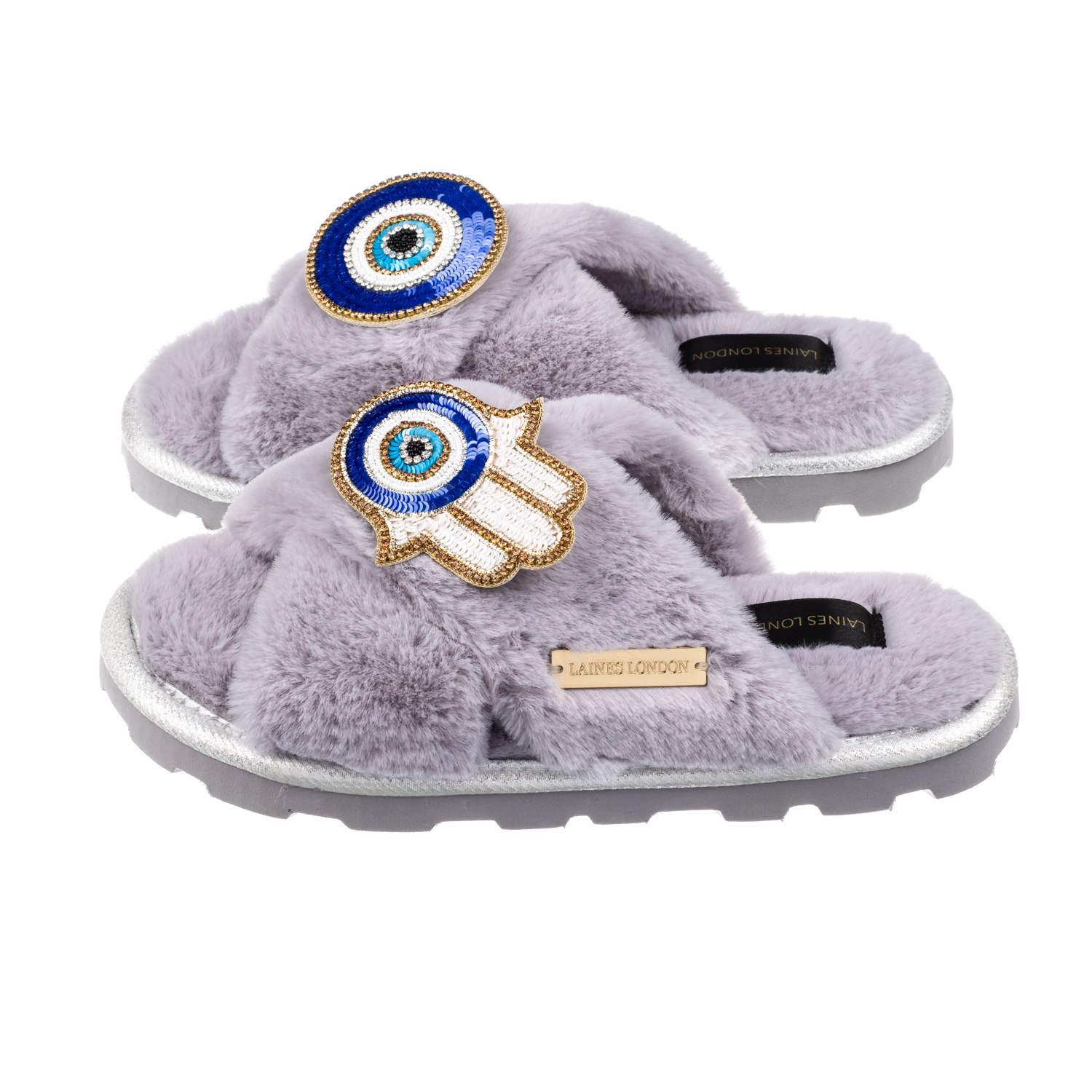 Laines London Women's Ultralight Chic Laines Slipper Sliders With Evil Eye & Hamsa Hand  Brooches - Grey In Gray
