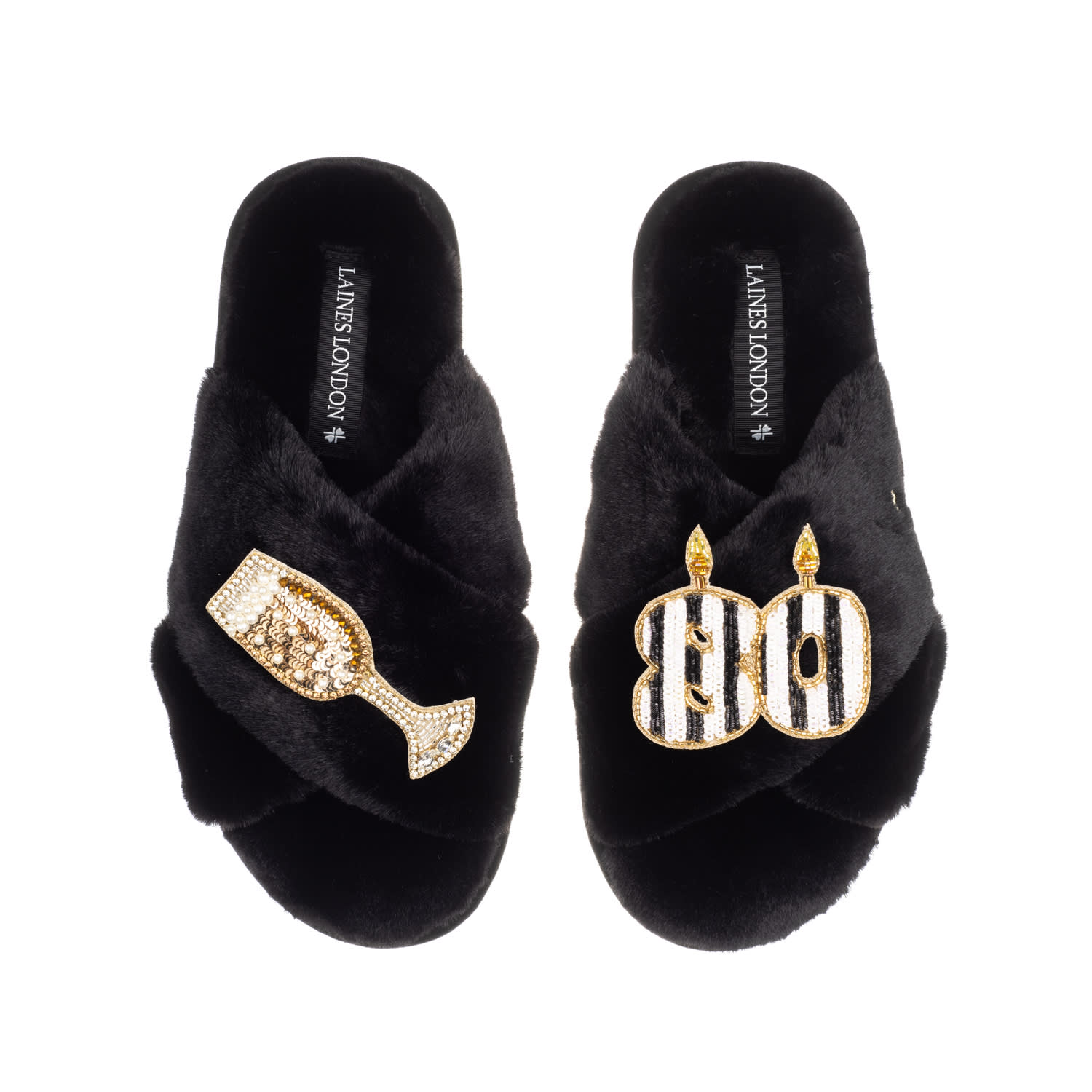 Laines London Women's Classic Laines Slippers With Stripe 80th Birthday & Glass Of Champagne Brooches - Black In Black