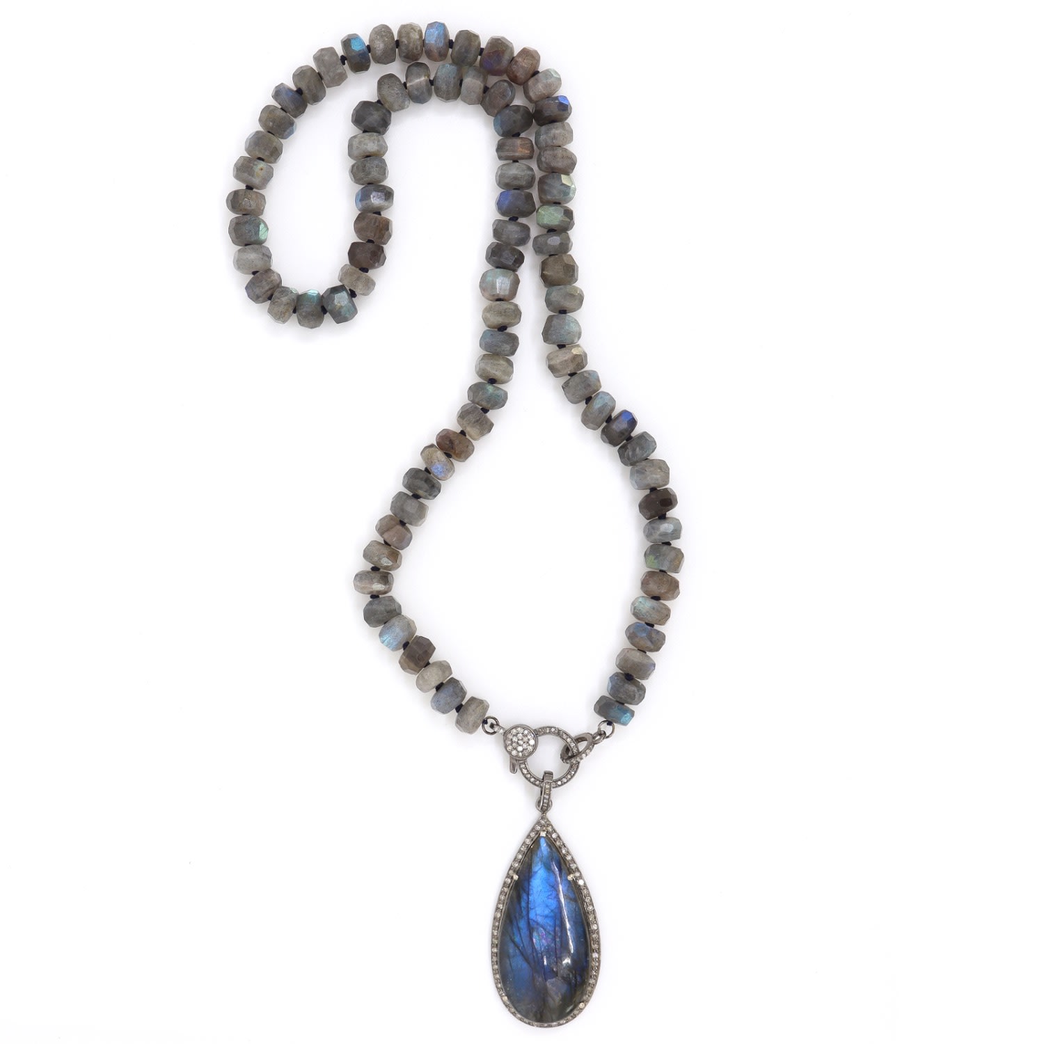 Women’s Blue / Silver Labradorite & Diamonds Silk Knotted Beaded Necklace Shar Oke