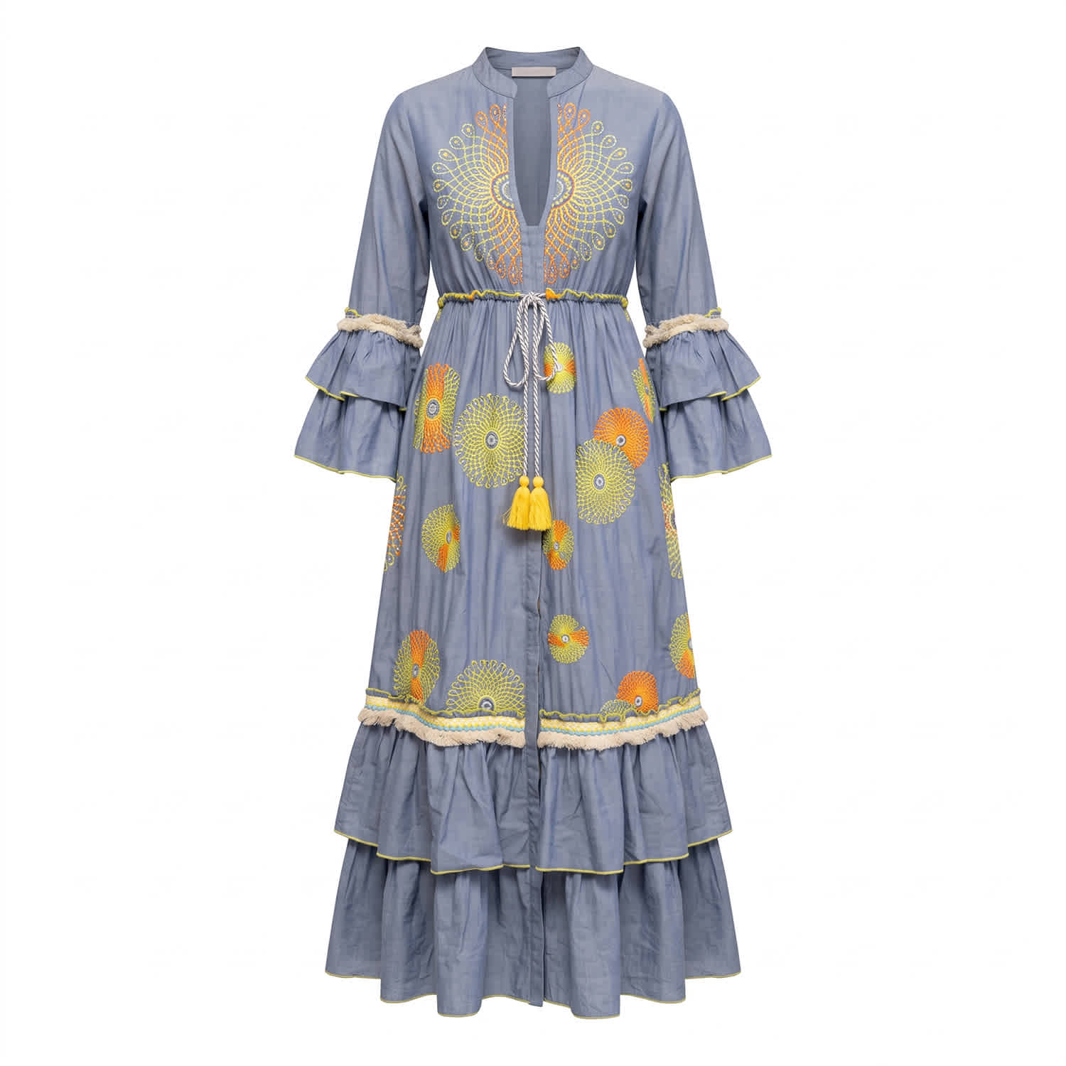 Denim Maxi Dress With Neon Embroidery, Sequins, Adjustable Waist