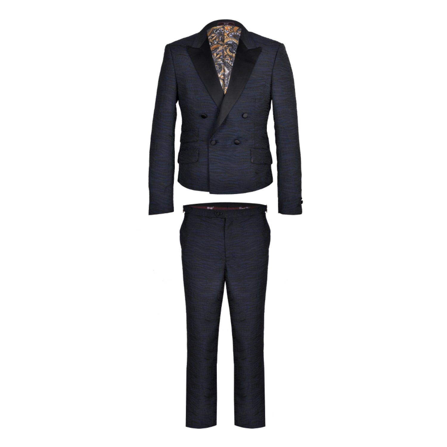 Men’s David Wej Signature Cropped Double Breasted Jacquard Wave Print Tuxedo - Navy Blue Xl