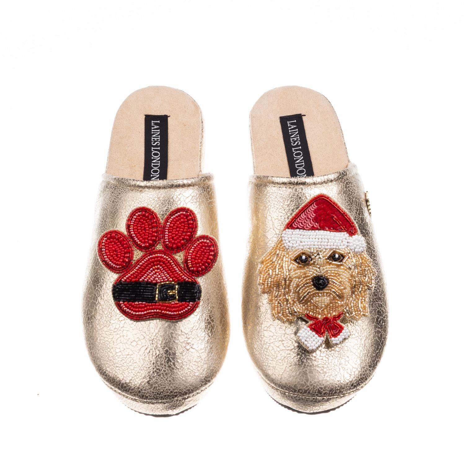 Laines London Women's Gold Softie Slippers With Christmas Golden Cavapoo & Paw Brooches In Gold