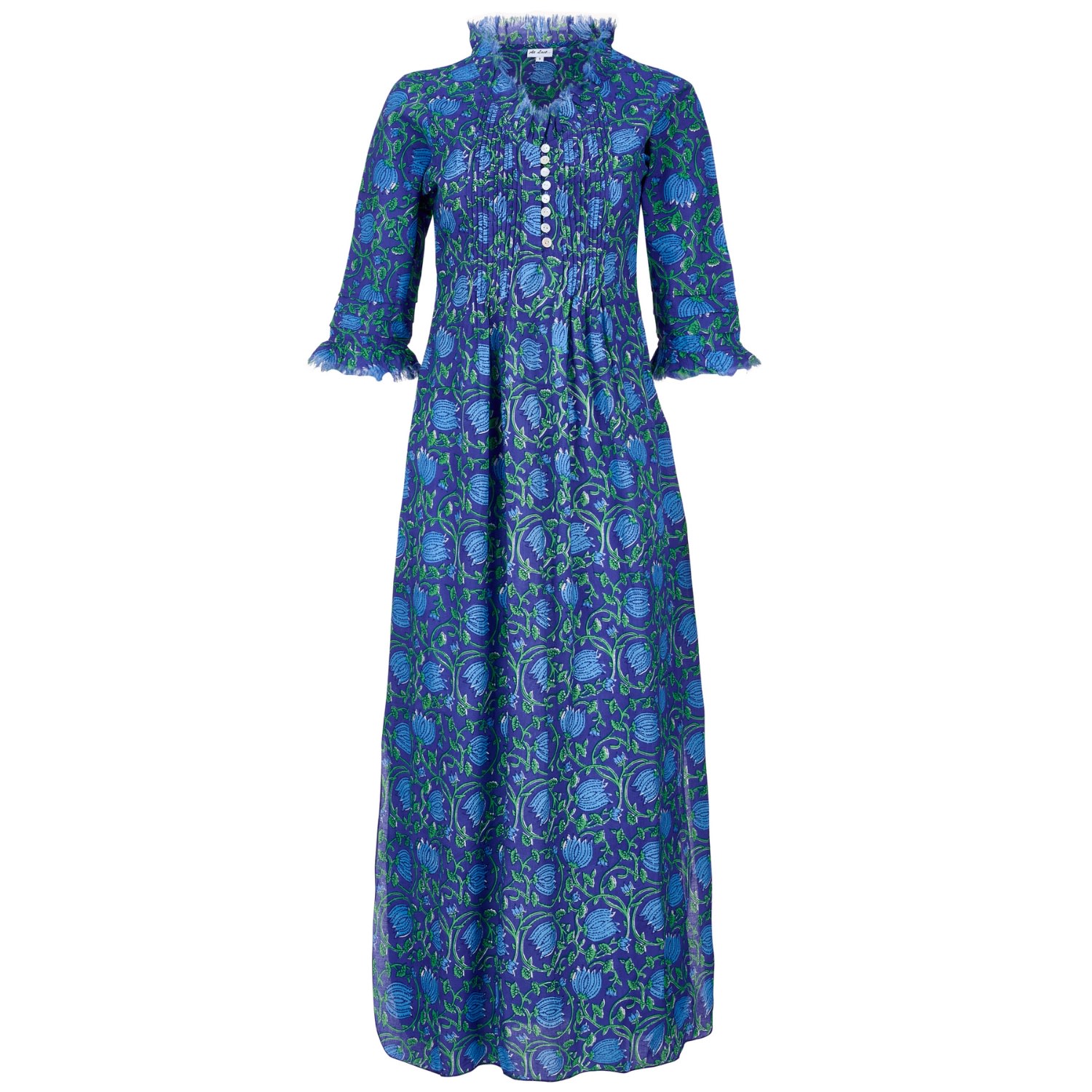 At Last... Women's Cotton Annabel Maxi Dress In Royal Blue With Blue & Green Flower In Blue