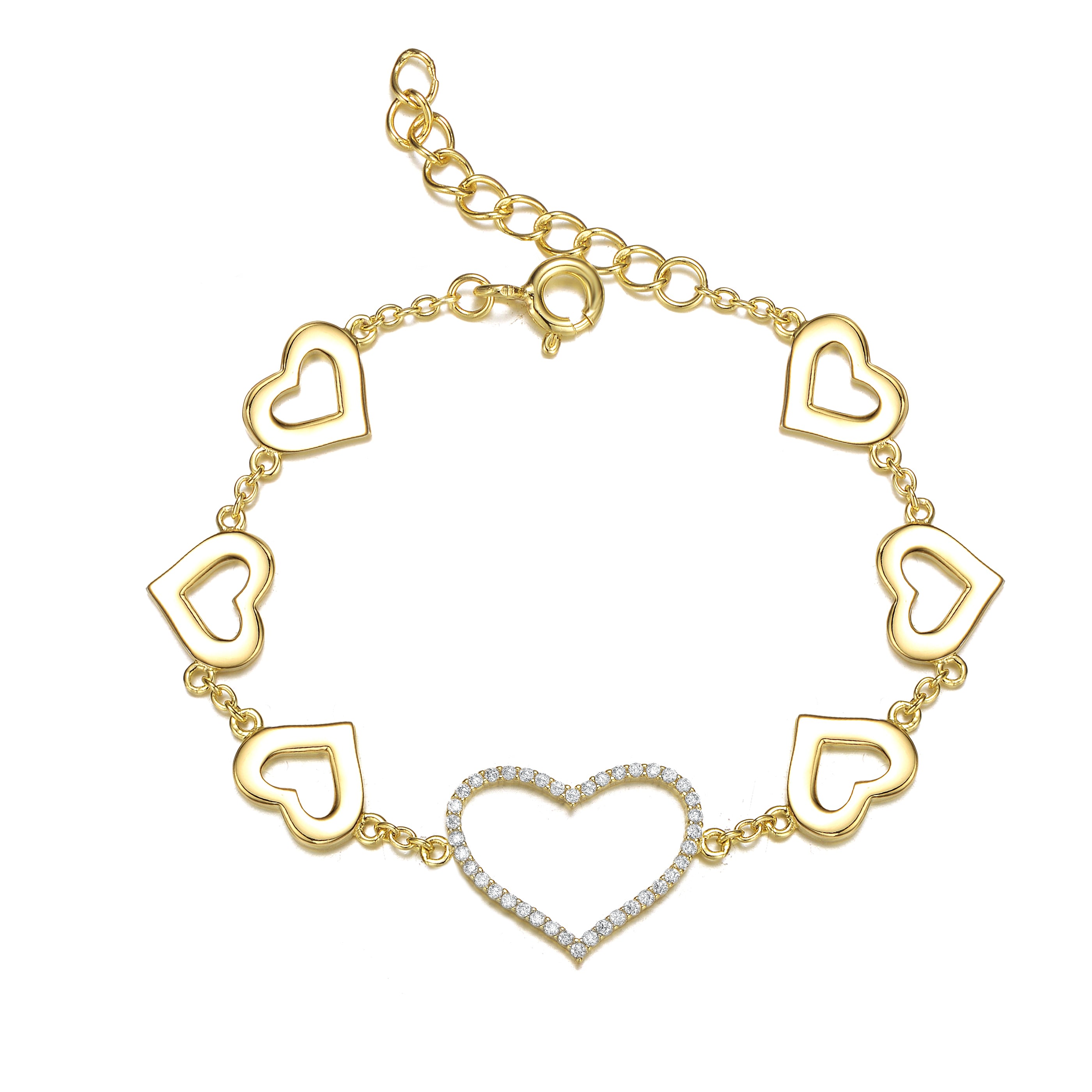 Women’s Gold / White Rachel Glauber Yellow Gold Plated With Cubic Zirconia Heart Halo Charm Bracelet Genevive Jewelry