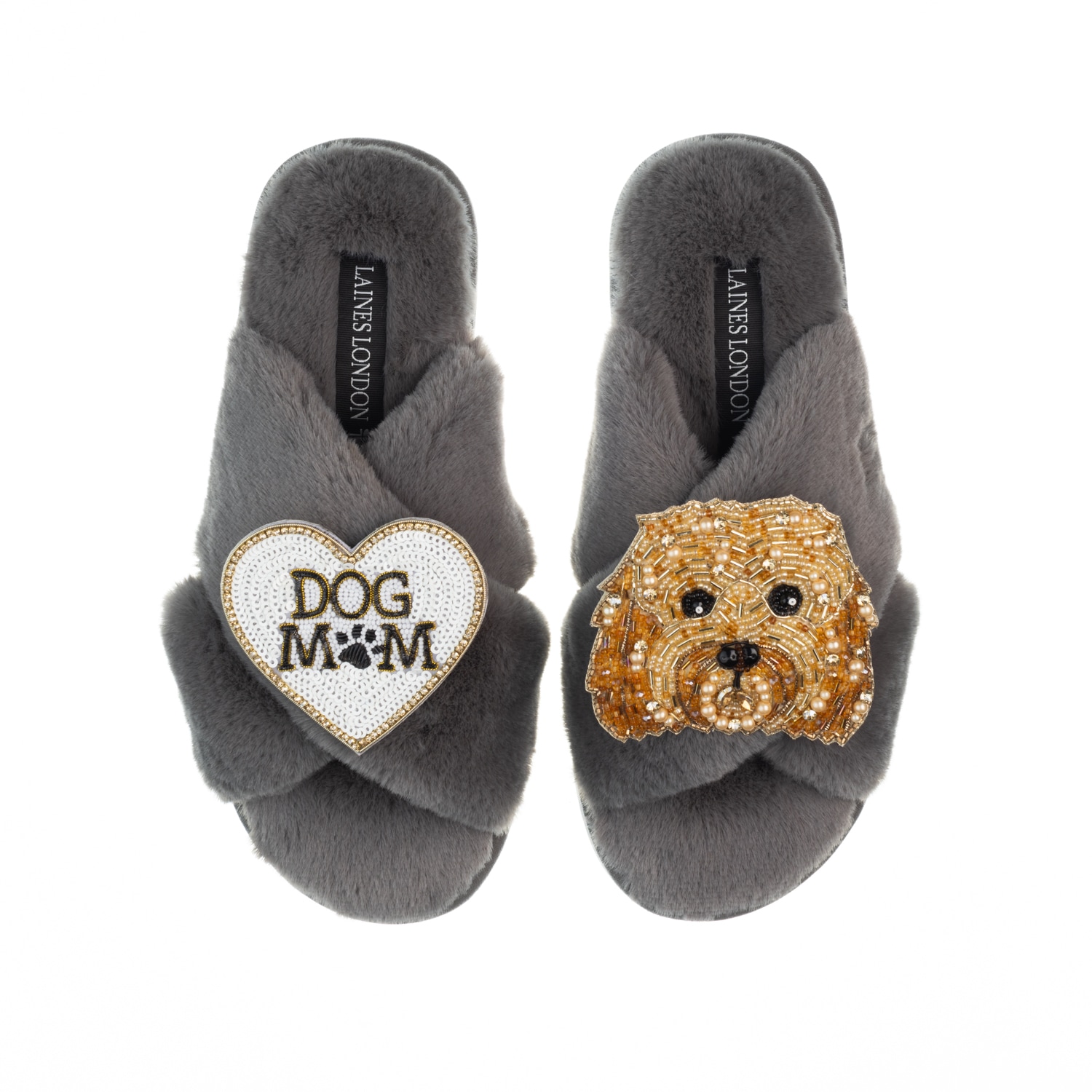 Women’s Classic Laines Slippers With Enki-Doo & Dog Mum / Mom Brooches - Grey Large Laines London