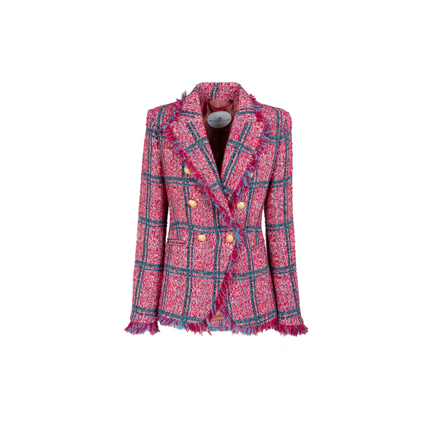 The Extreme Collection Women's Pink / Purple Elegant Double-breasted Tweed Blazer In Pink Plaid With Frayed Detailing Dante In Pink/purple