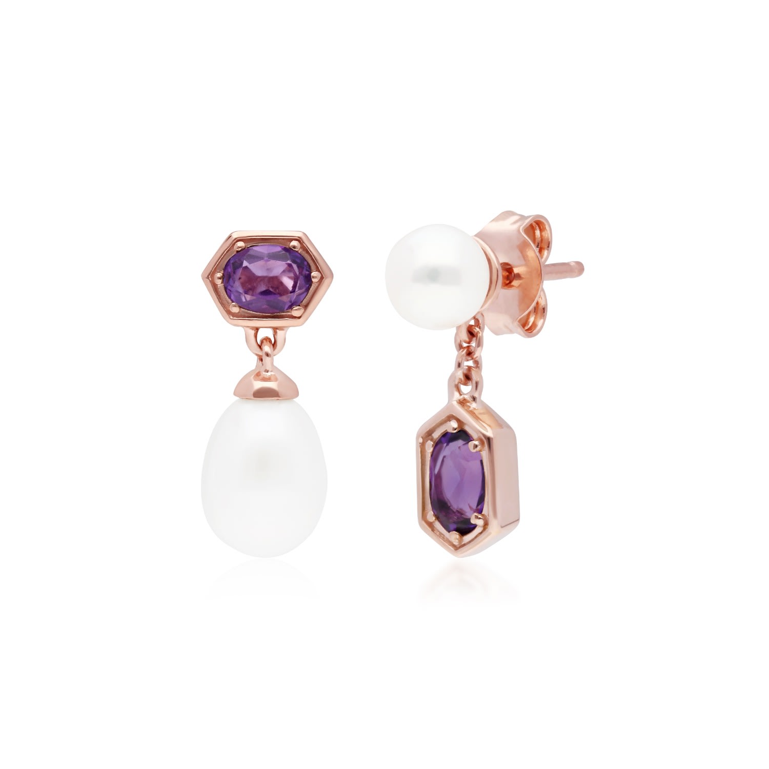 Women’s Pink / Purple Mismatched Amethyst & Pearl Drop Earrings In Rose Gold Plated Silver Gemondo