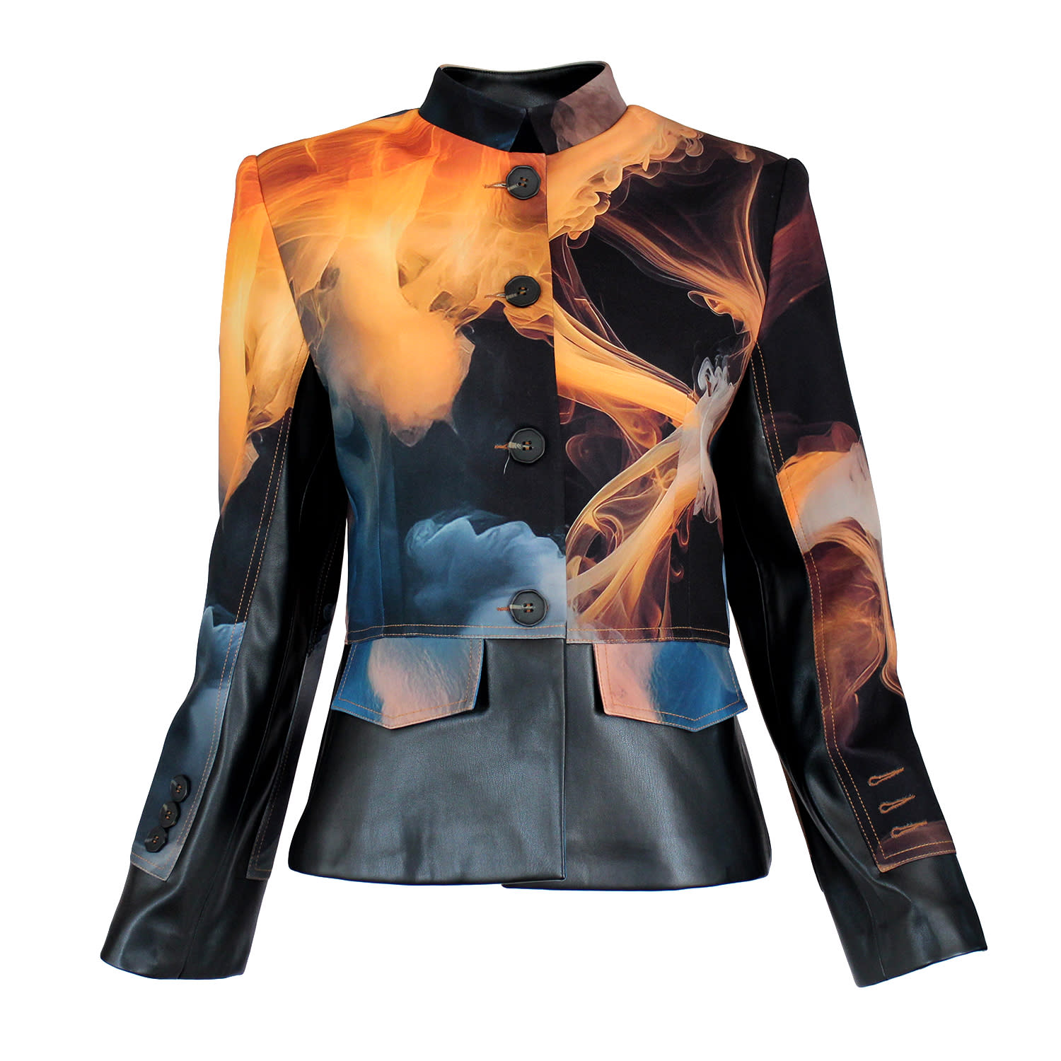 Lalipop Design Women's Black Cropped Jacket With Vegan Leather Trim And Digital Flame Print In Multi