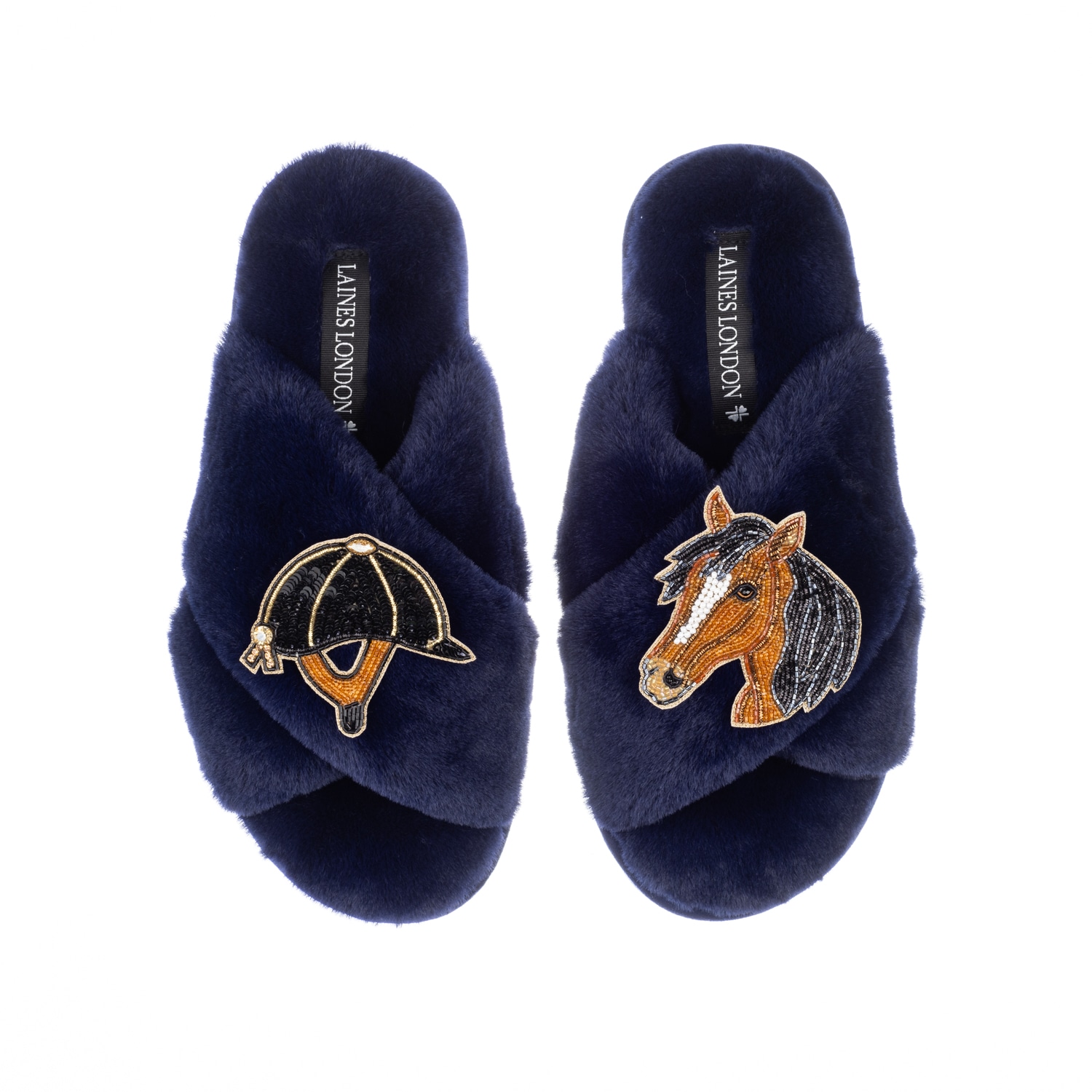 Women's Blue Classic Laines Slippers With Riding Hat & Horse Brooches - Navy | Medium | Laines London