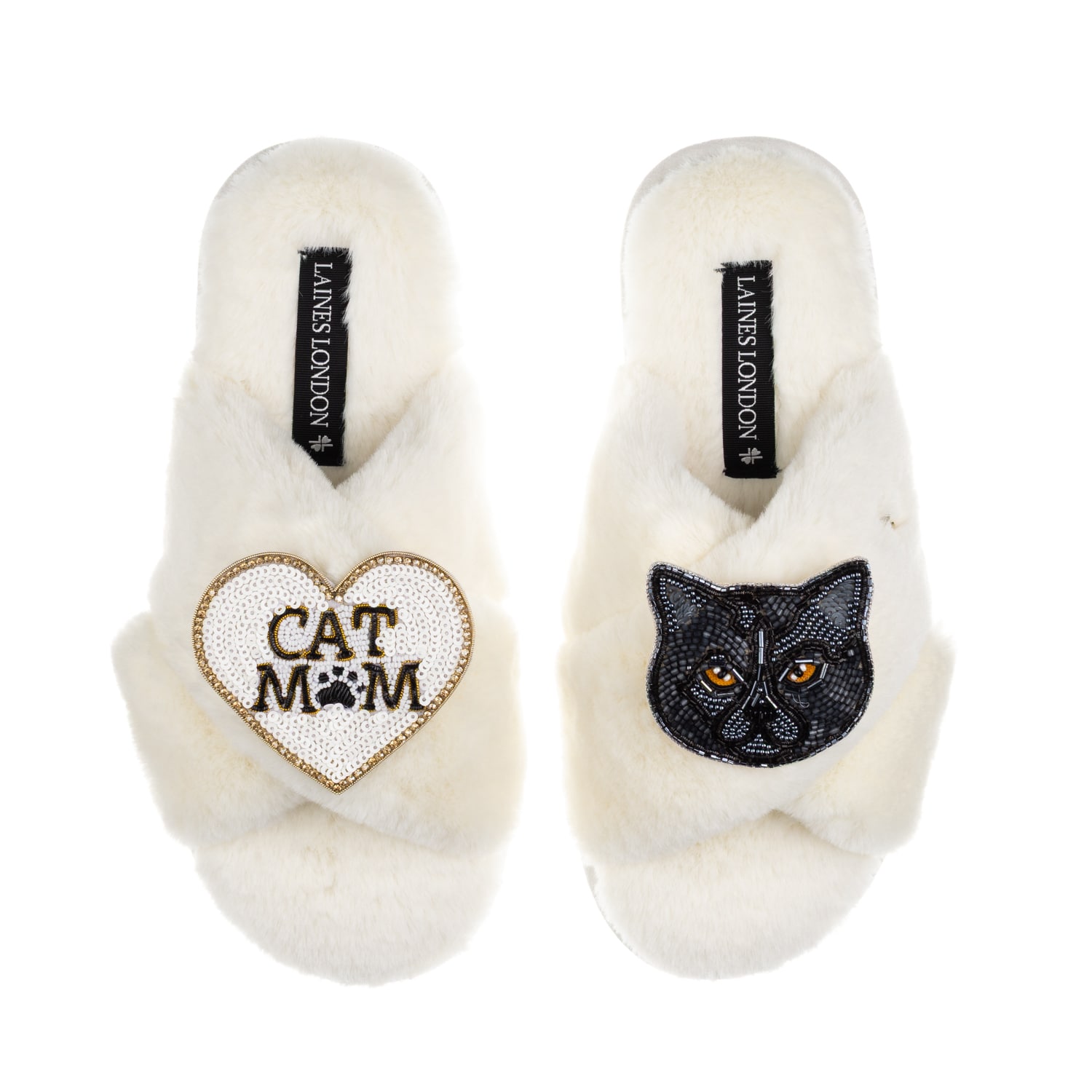 Laines London Women's Neutrals / White Classic Laines Slippers With Cat Mum/mom & Black Scottish Fold Cat Brooches In White