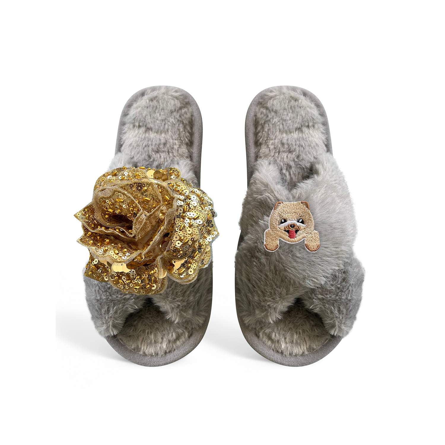 Toma Women's Classic  Open Toe Gold Sequin Flower And Dog Four Grey Slippers In Gray