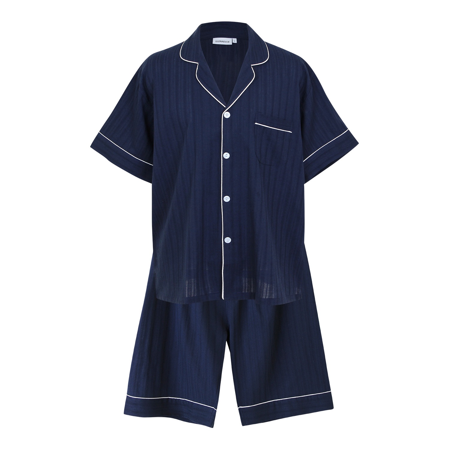 Lunaluz Blue Men Le Blanc Textured Cotton Short-sleeve Pajama Set – Navy