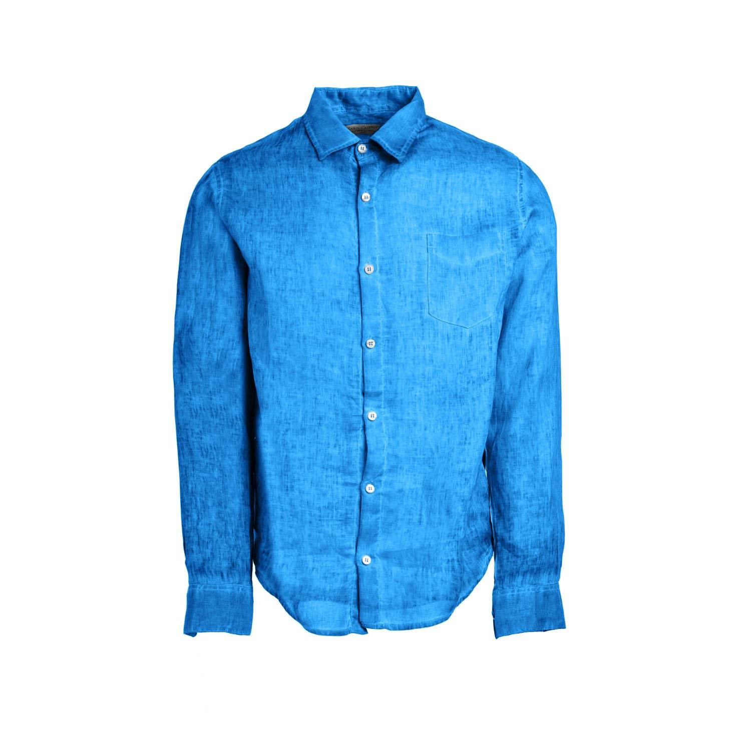 Haris Cotton Men's Blue Long Sleeved Front Pocket Linen Freddo Dye Shirt - Cobalt Freddo In Blue