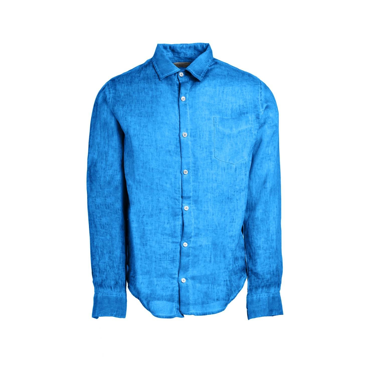 Men’s Blue Long Sleeved Front Pocket Linen Freddo Dye Shirt - Cobalt Freddo Small Haris Cotton