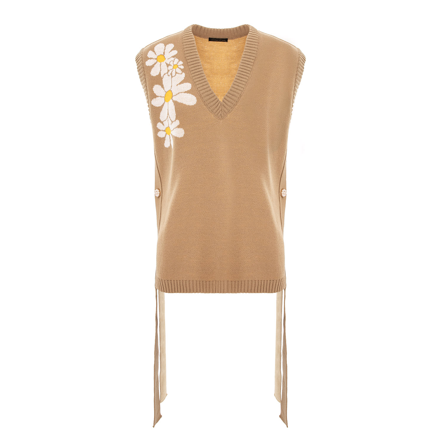 Concept A Trois Women's Neutrals Camel Knitted Vest With Daisies And Side Ribbons In Beige