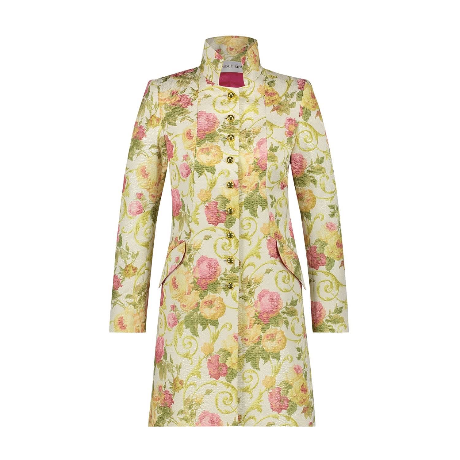 Iconic Romantic Floral Print Jacquard Coat | Monique Singh | Wolf