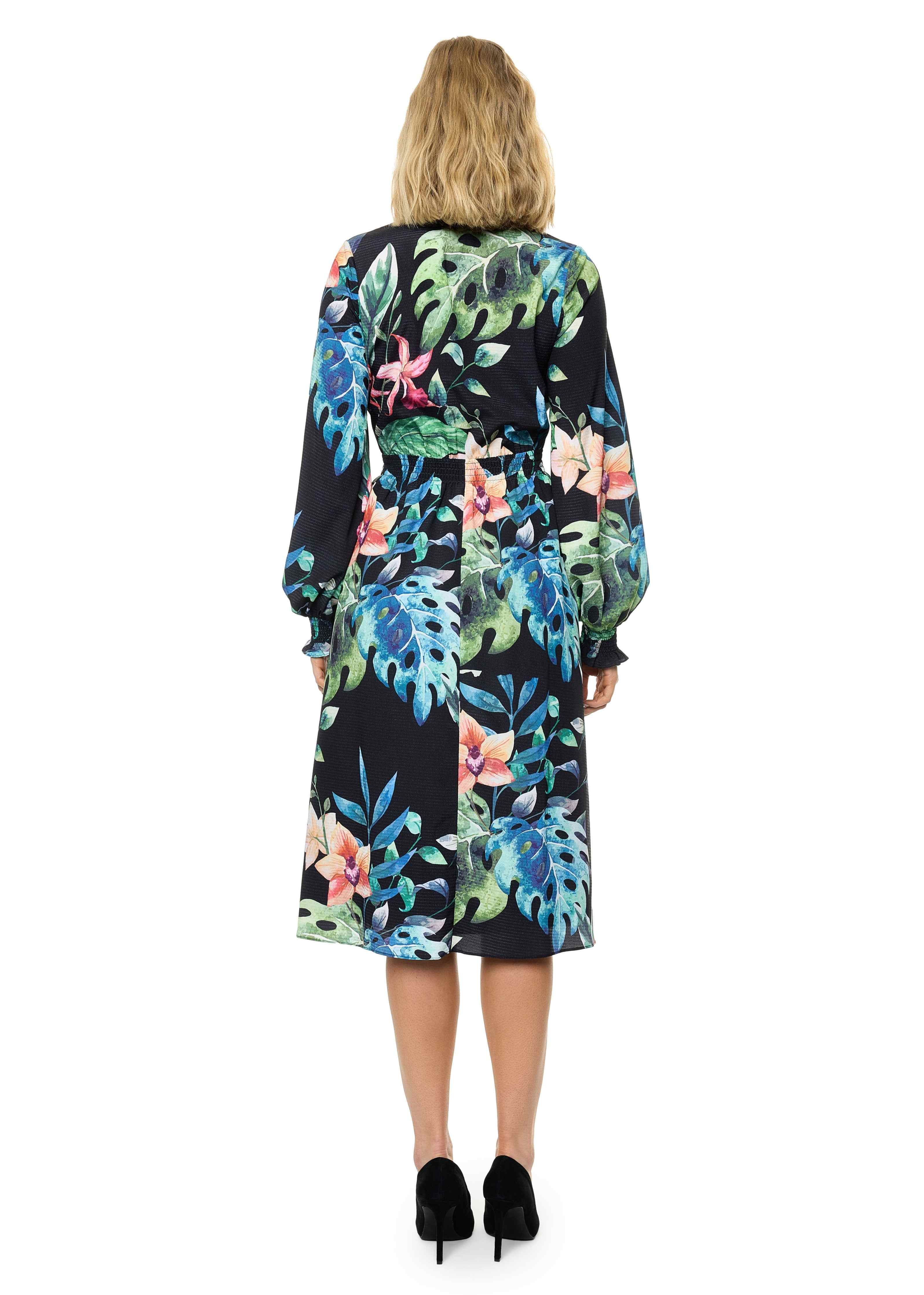 Front Neck Tie Smocked Waist Long Sleeve Midi Dress In Multi-Colored Palms  Print | CarlosLines | Wolf & Badger