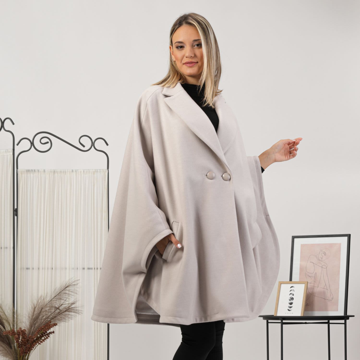 Wool Poncho Cape Coat With Buttons In Off White | Nikka Place