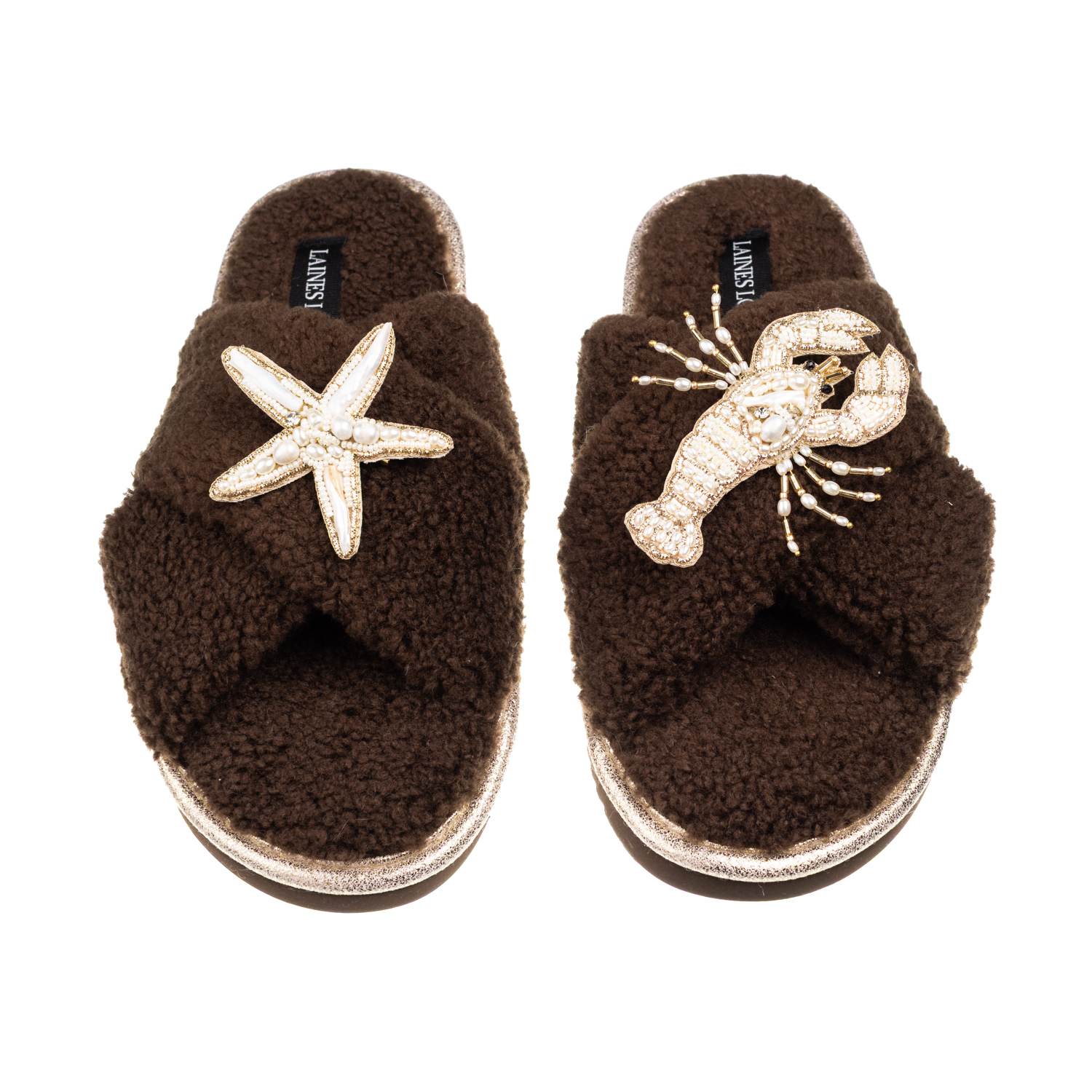 Laines London Women's Brown / Neutrals Laines Neutral Boucle Slippers With Pearl Starfish & Lobster Brooches - Cho