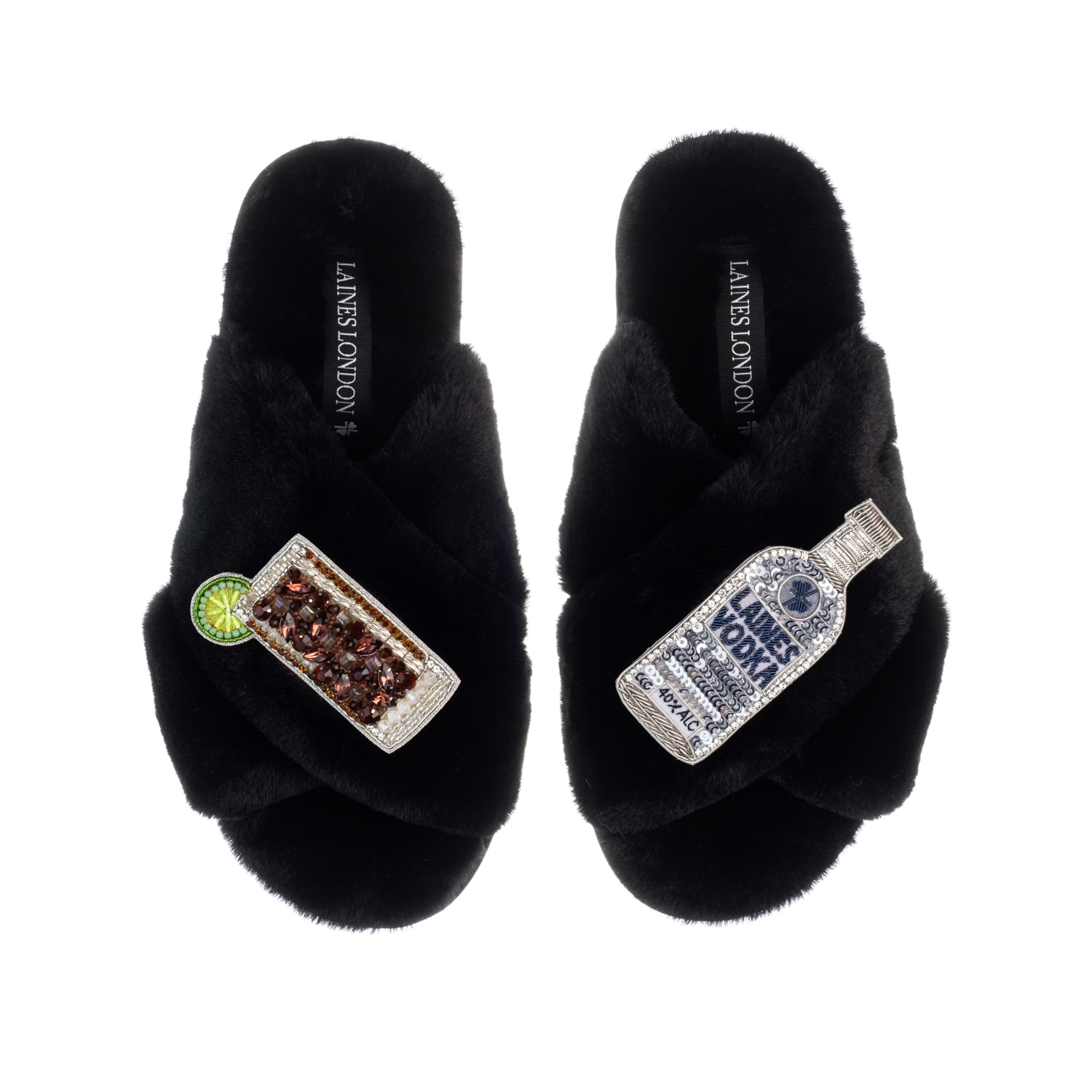 Women’s Classic Laines Slippers With Vodka & Coke Brooches - Black Extra Large Laines London