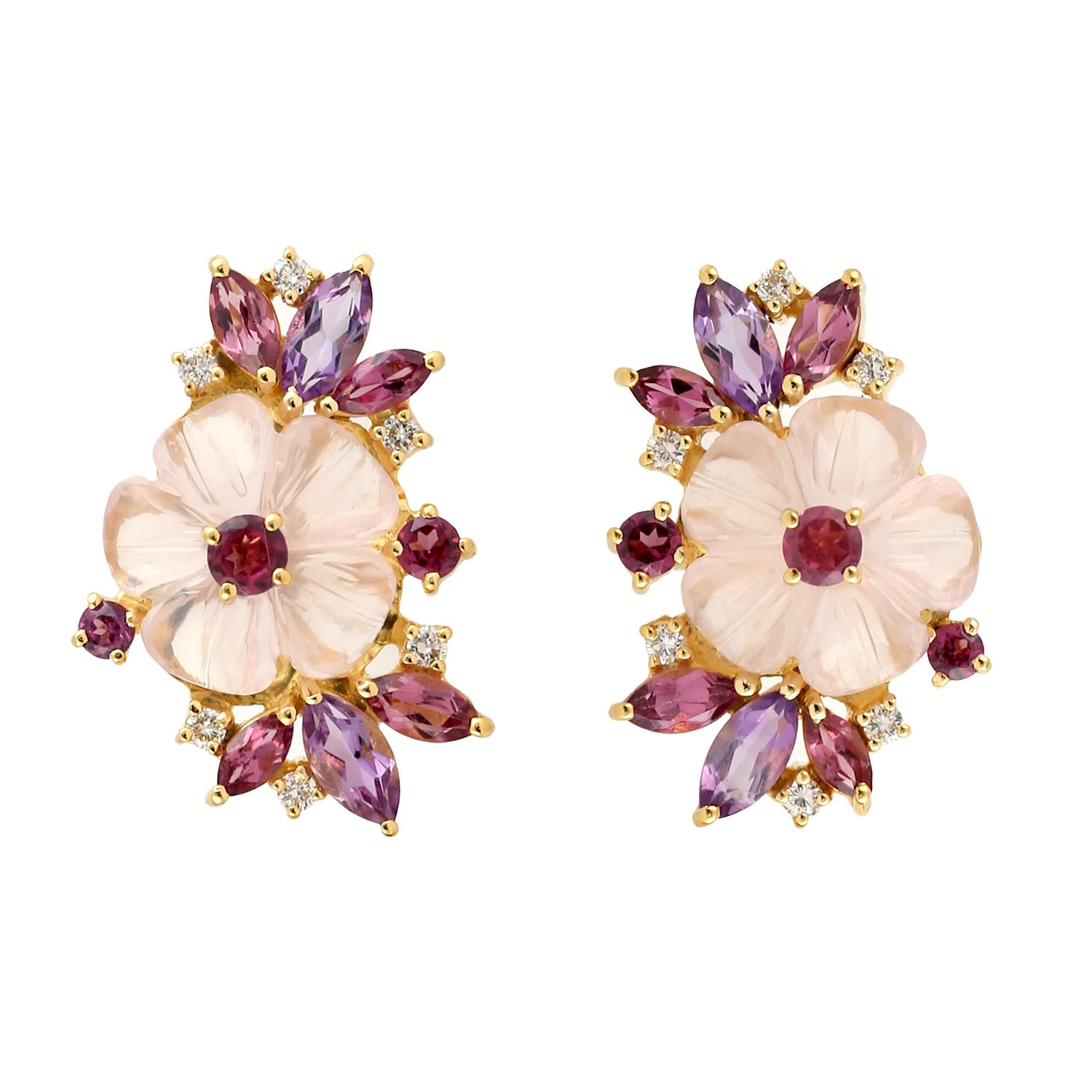 Women’s Rhodolite Amethyst Carving Flower Stud Earrings Diamond Designer Jewelry Artisan